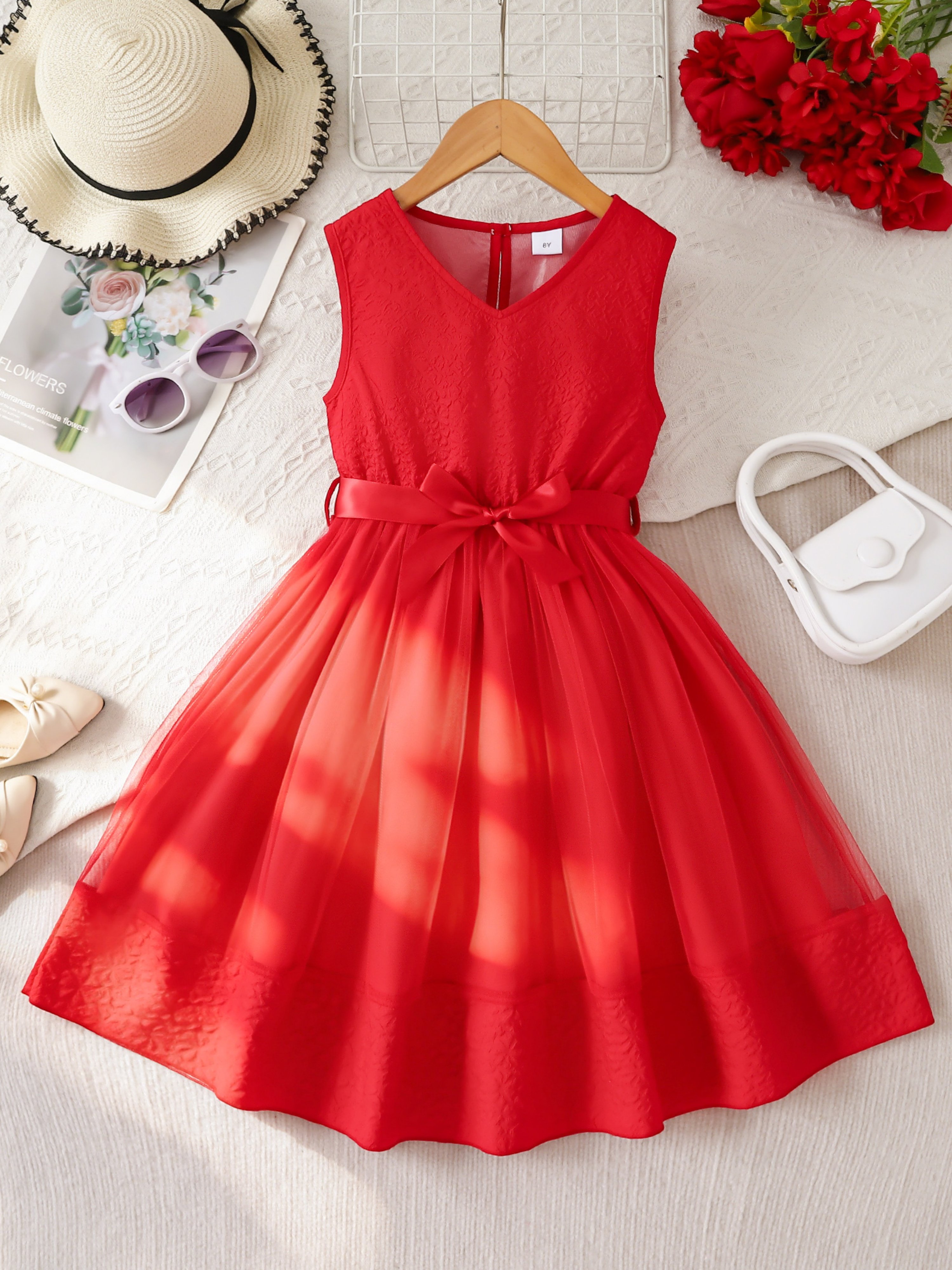Red Jacquard Sleeveless Tulle Dress