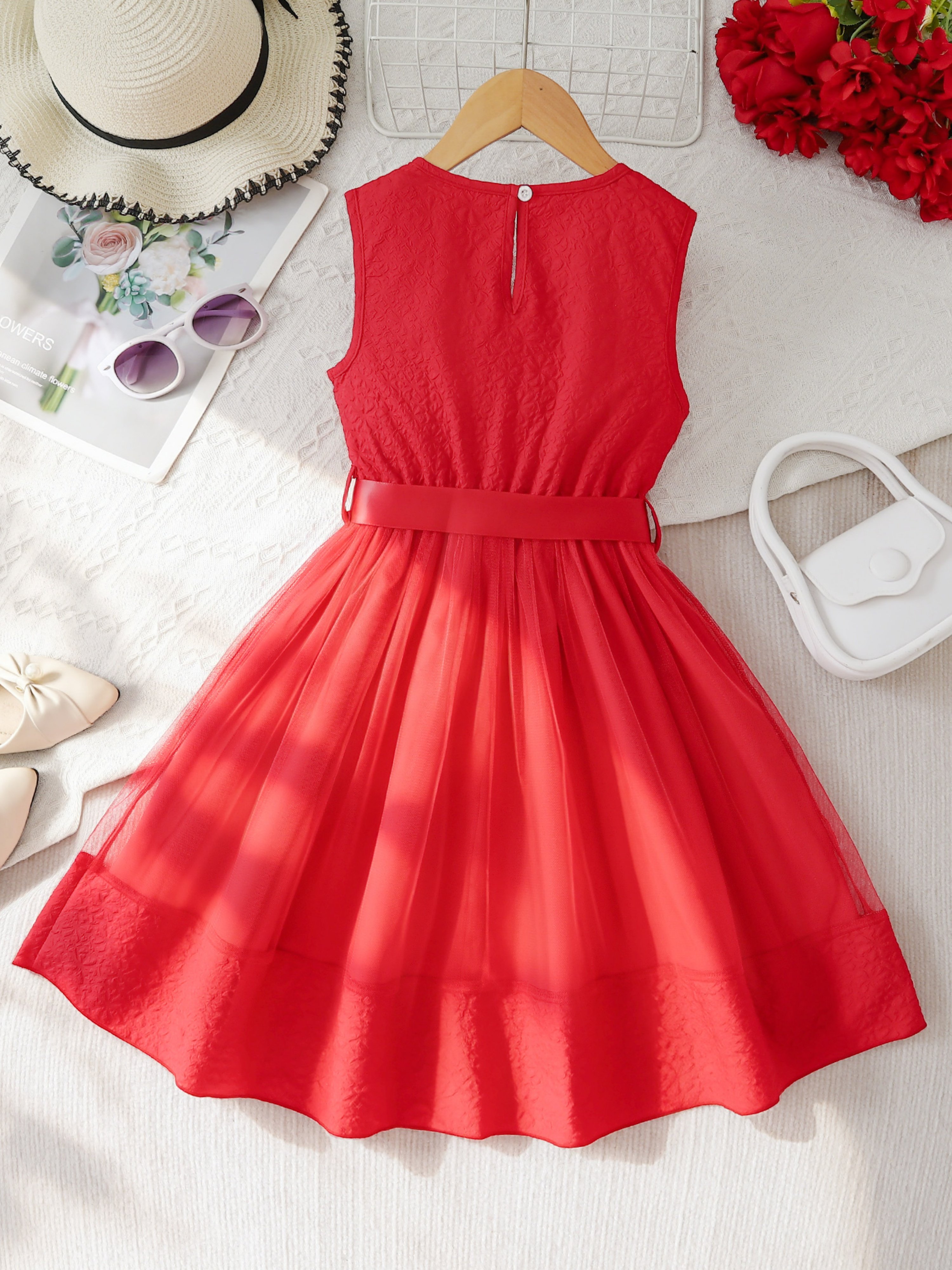 Red Jacquard Sleeveless Tulle Dress