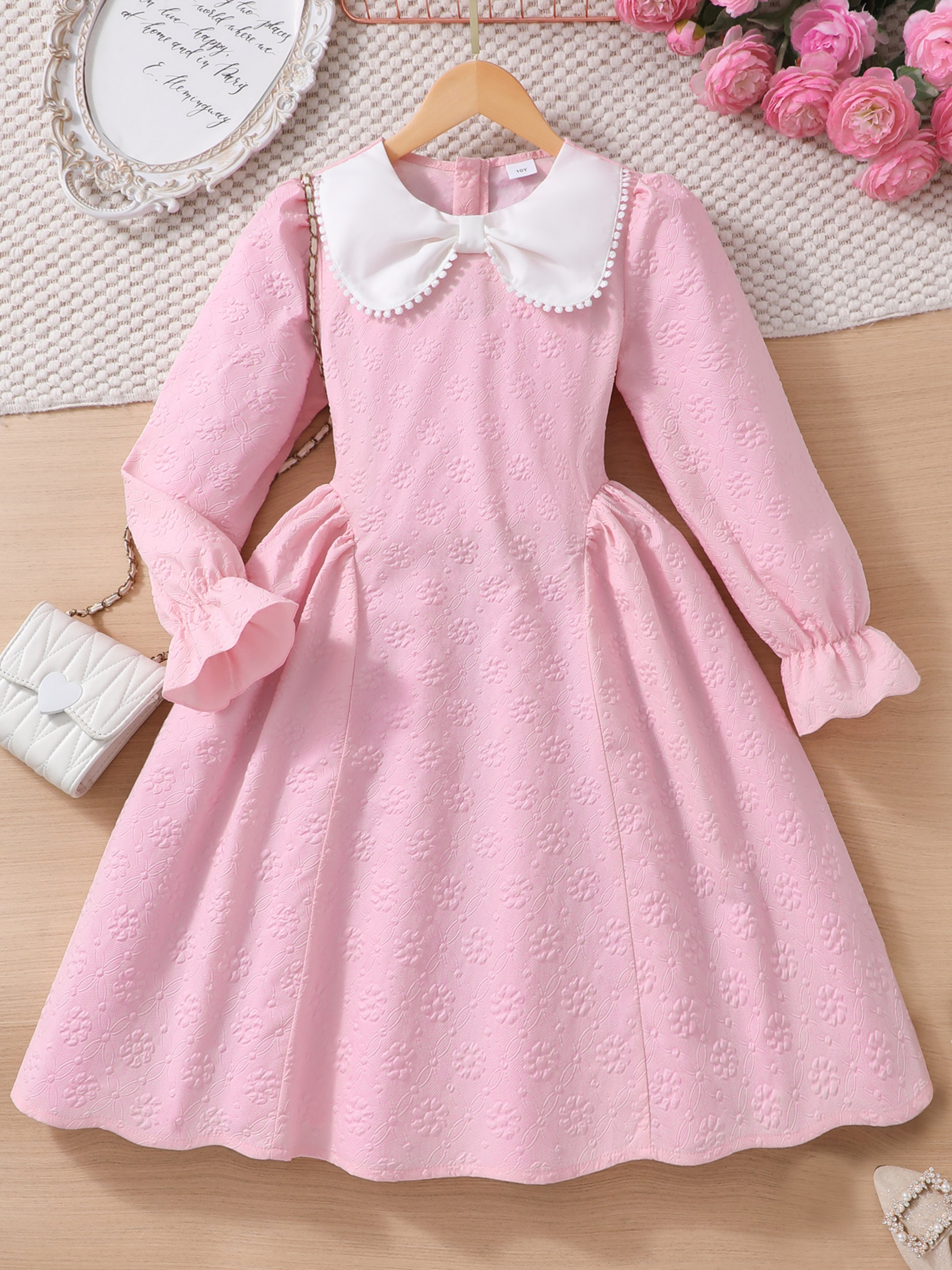 Pink Bow Decor Lapel Long Sleeve Dress
