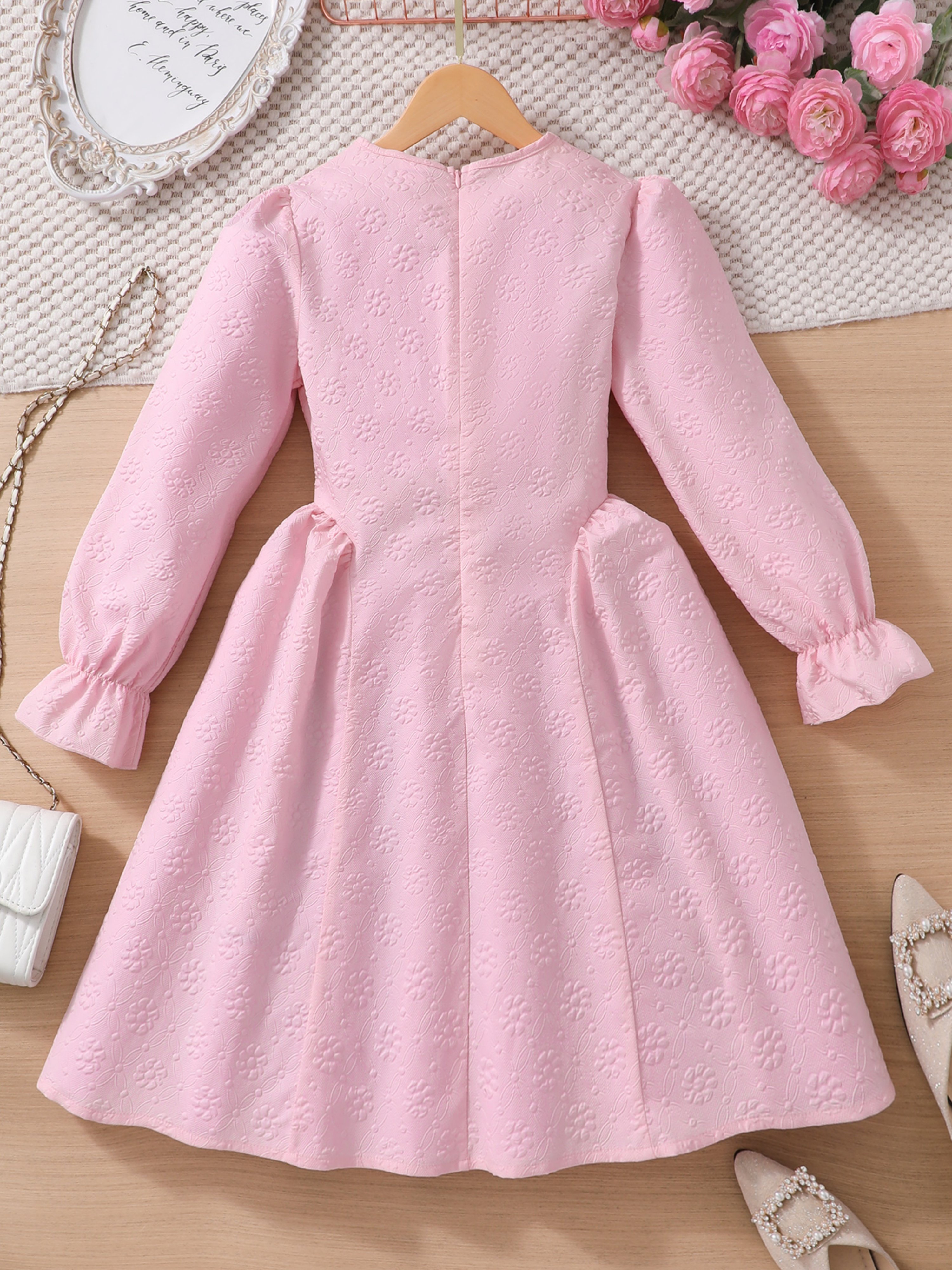 Pink Bow Decor Lapel Long Sleeve Dress