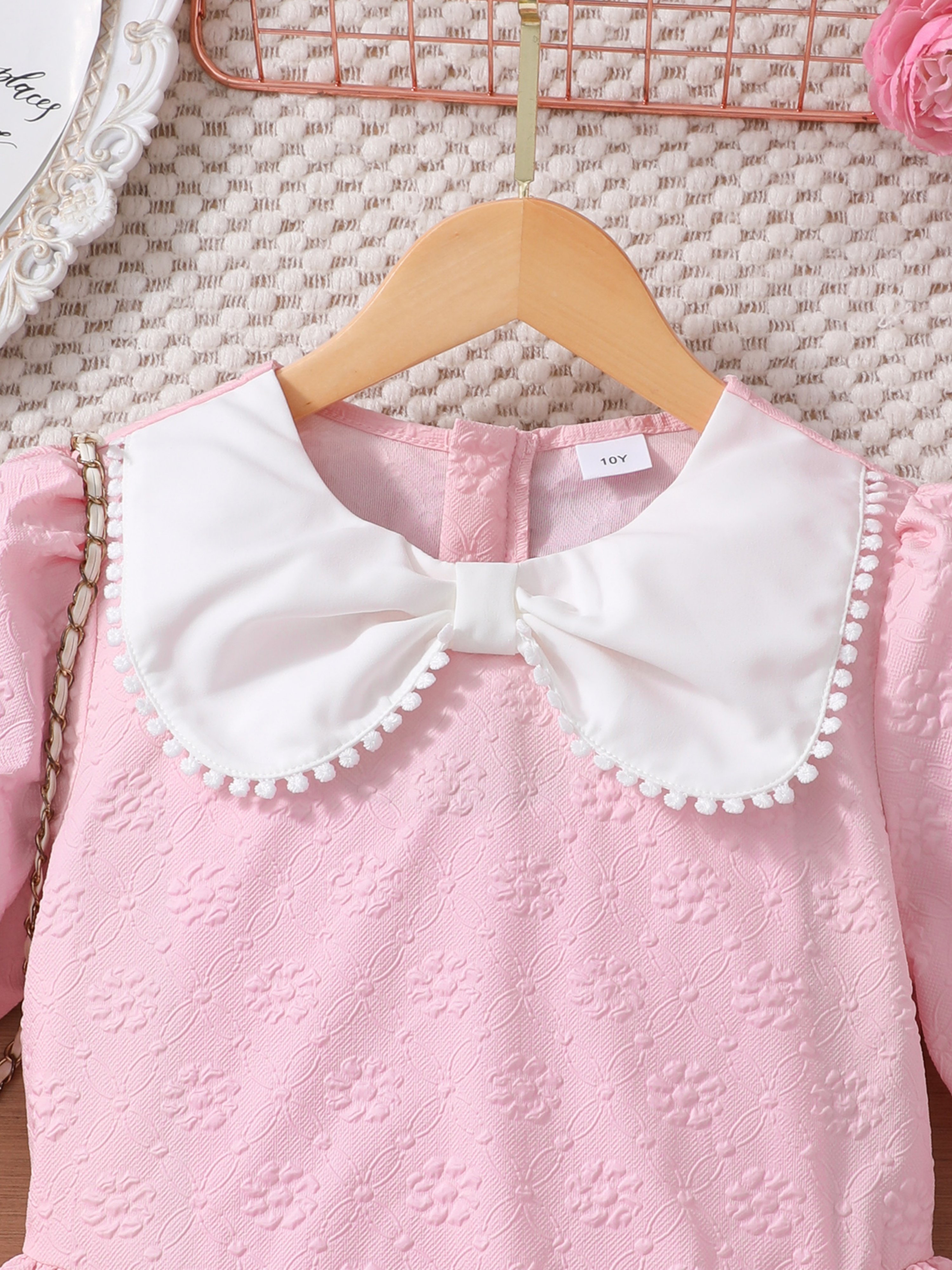 Pink Bow Decor Lapel Long Sleeve Dress