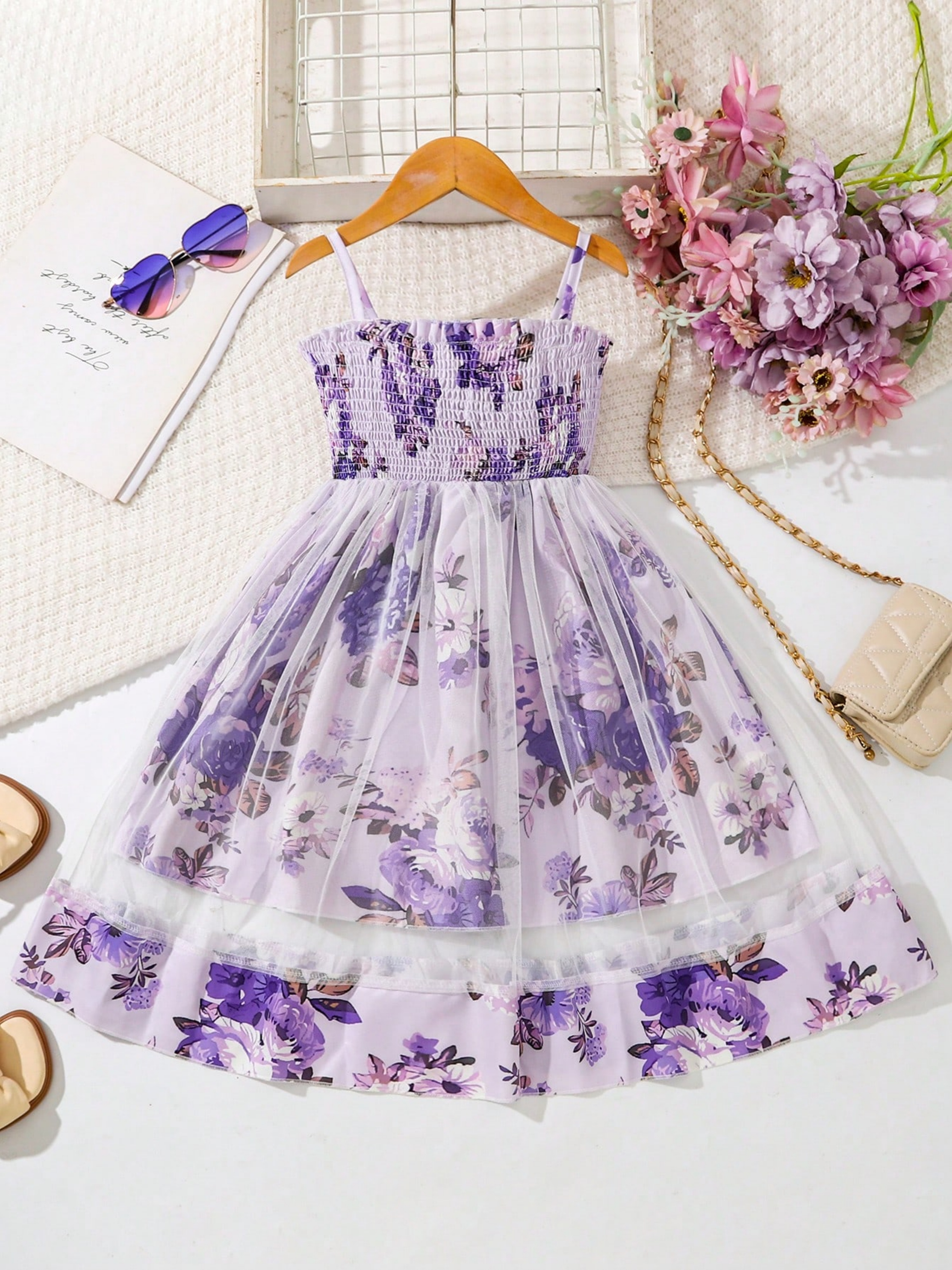 Purple Floral Print Spaghetti Strap Tulle Dress