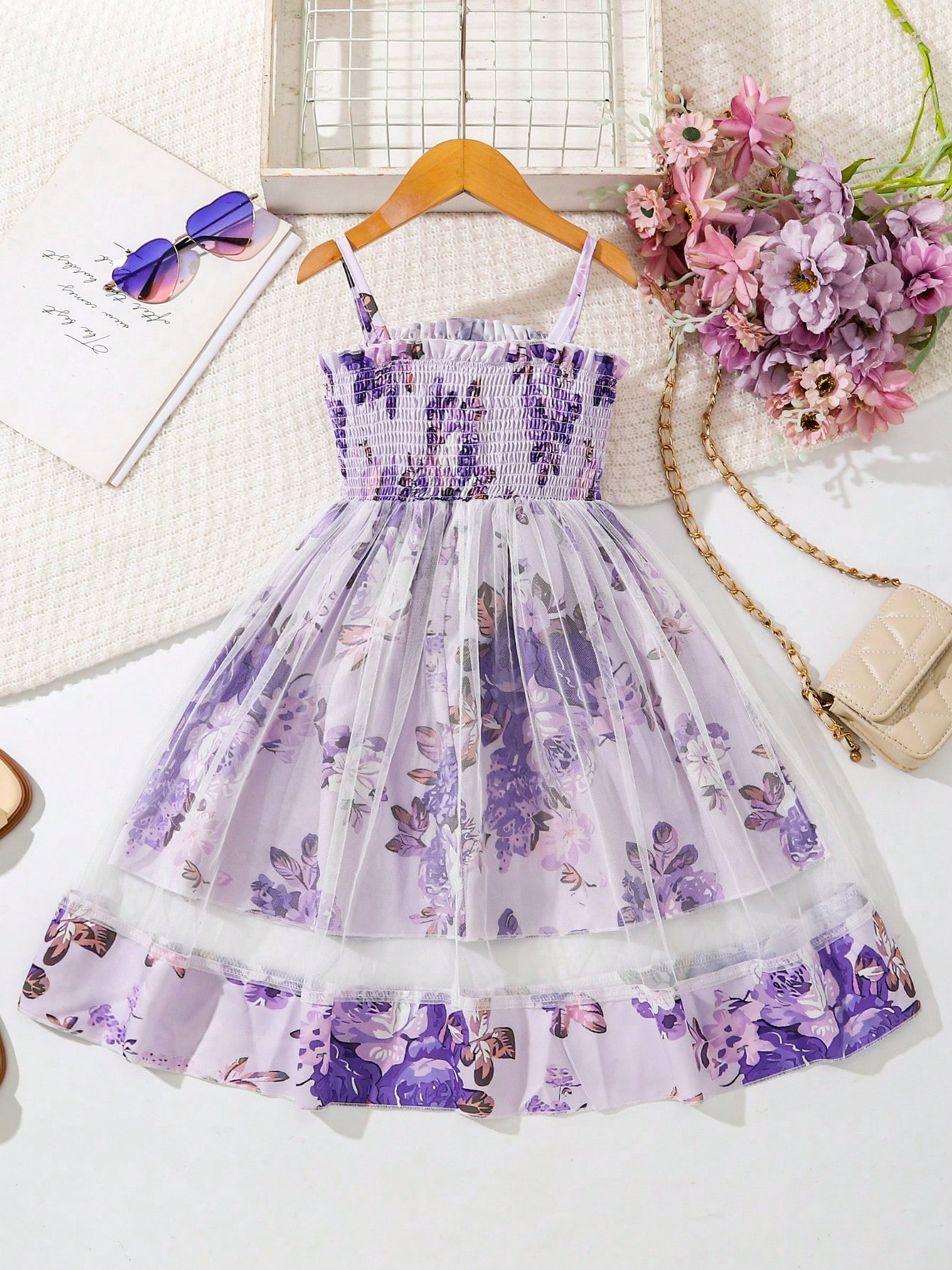 Purple Floral Print Spaghetti Strap Tulle Dress