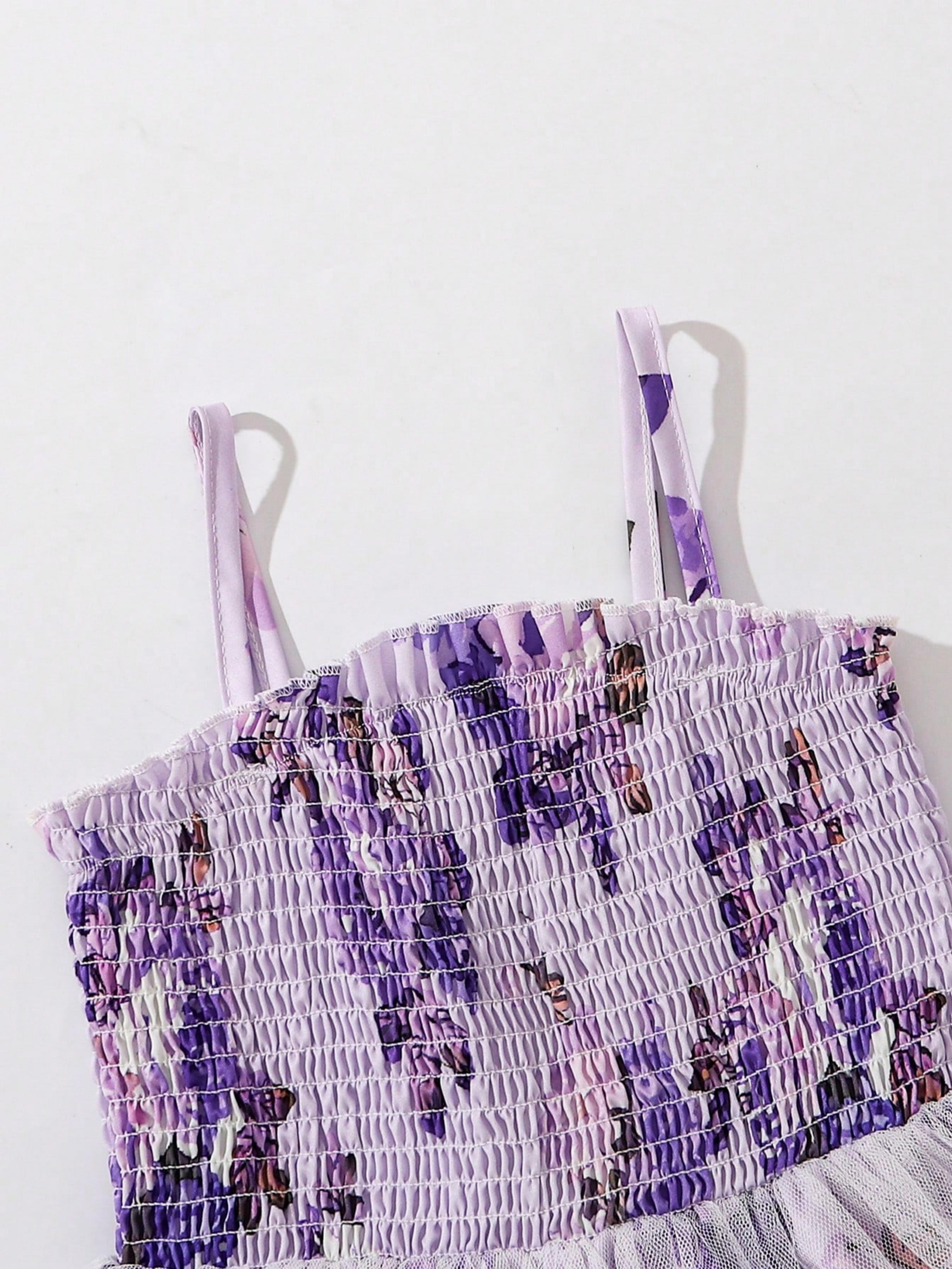 Purple Floral Print Spaghetti Strap Tulle Dress