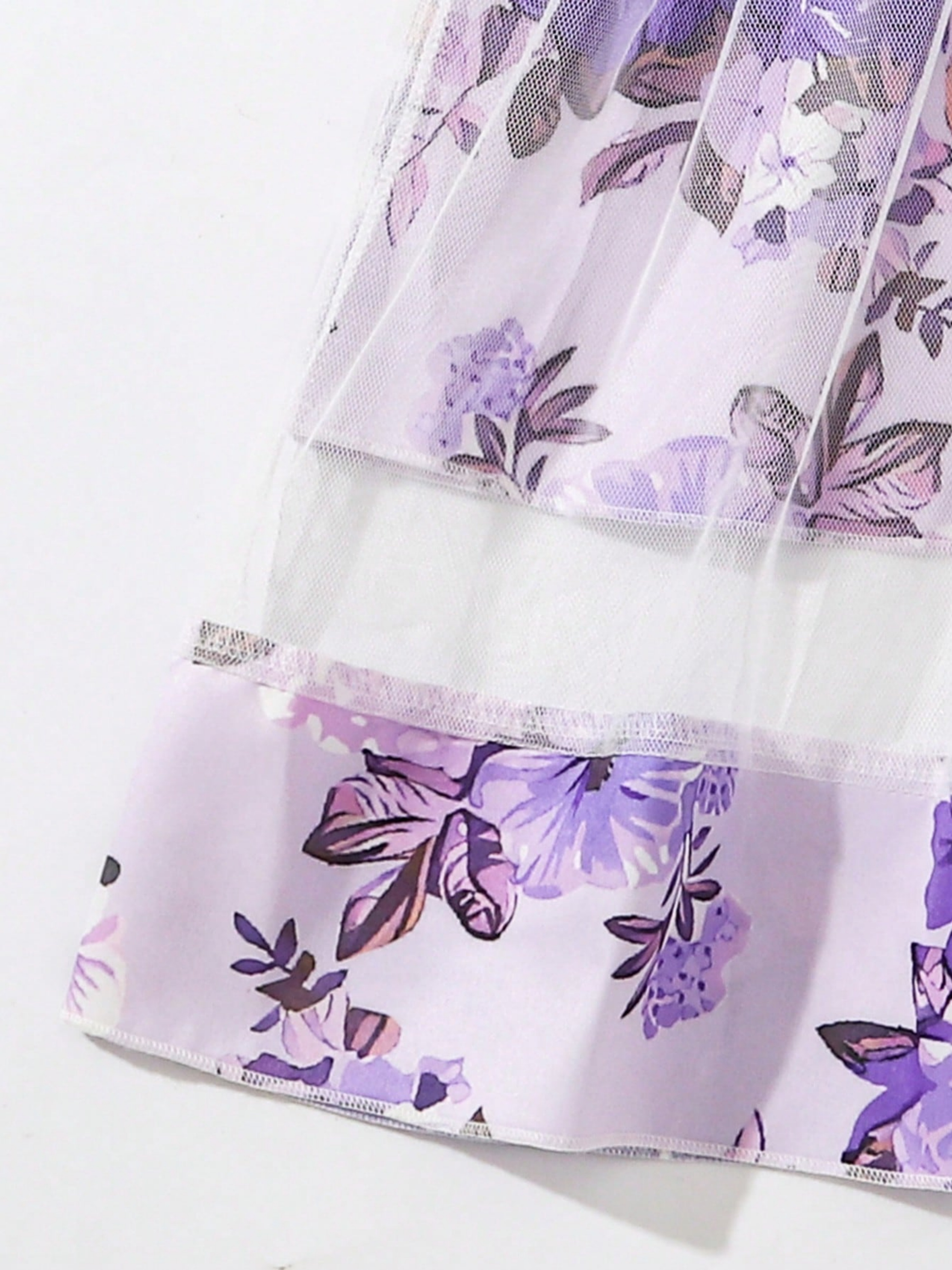 Purple Floral Print Spaghetti Strap Tulle Dress