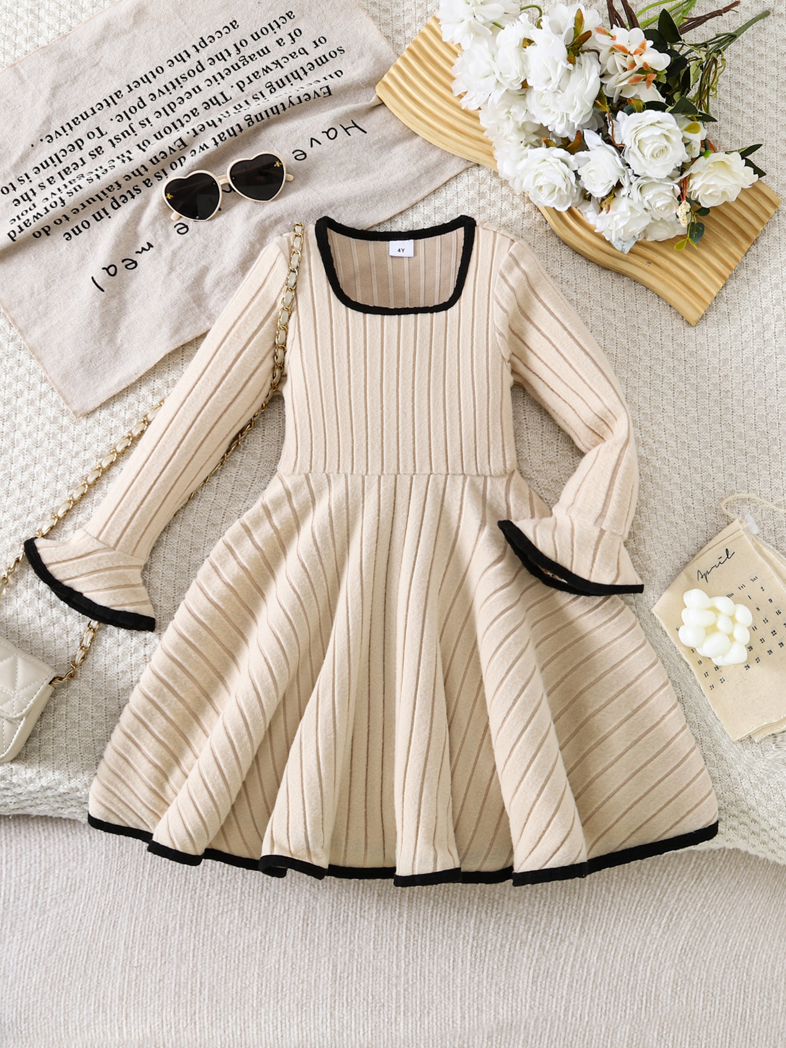 Cream Square Neck Flared Sleeve Knit Dress