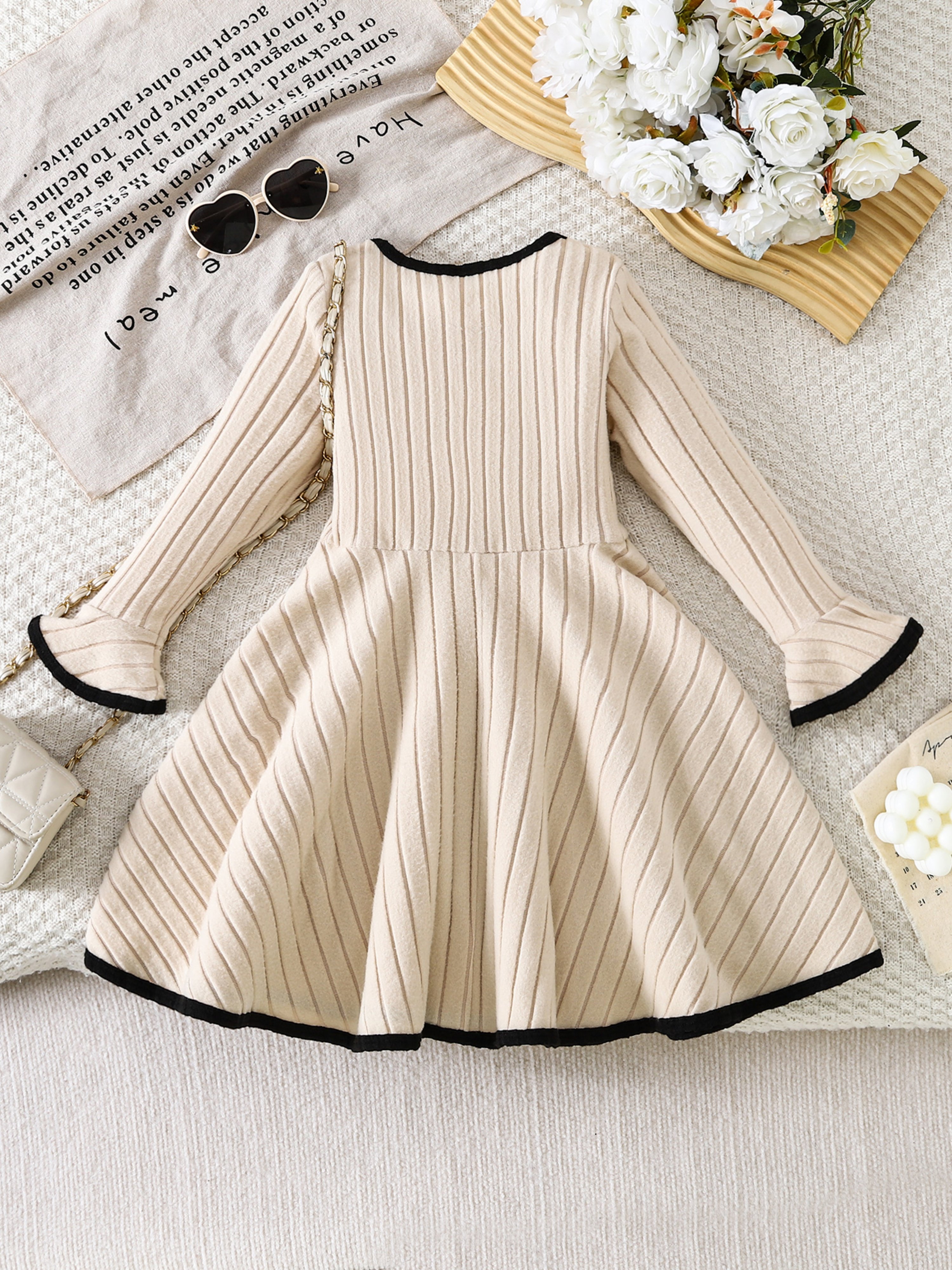 Cream Square Neck Flared Sleeve Knit Dress