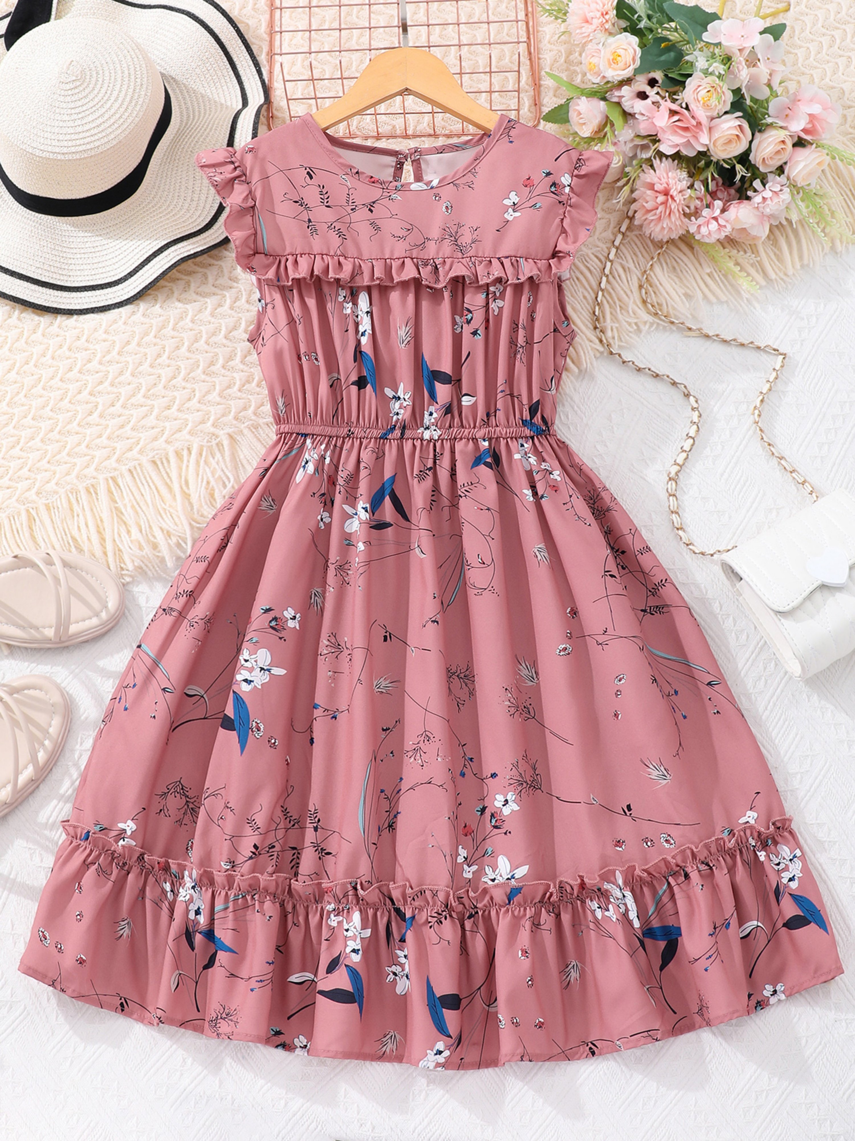 Pink Ruched Elastic Waist Floral Dress
