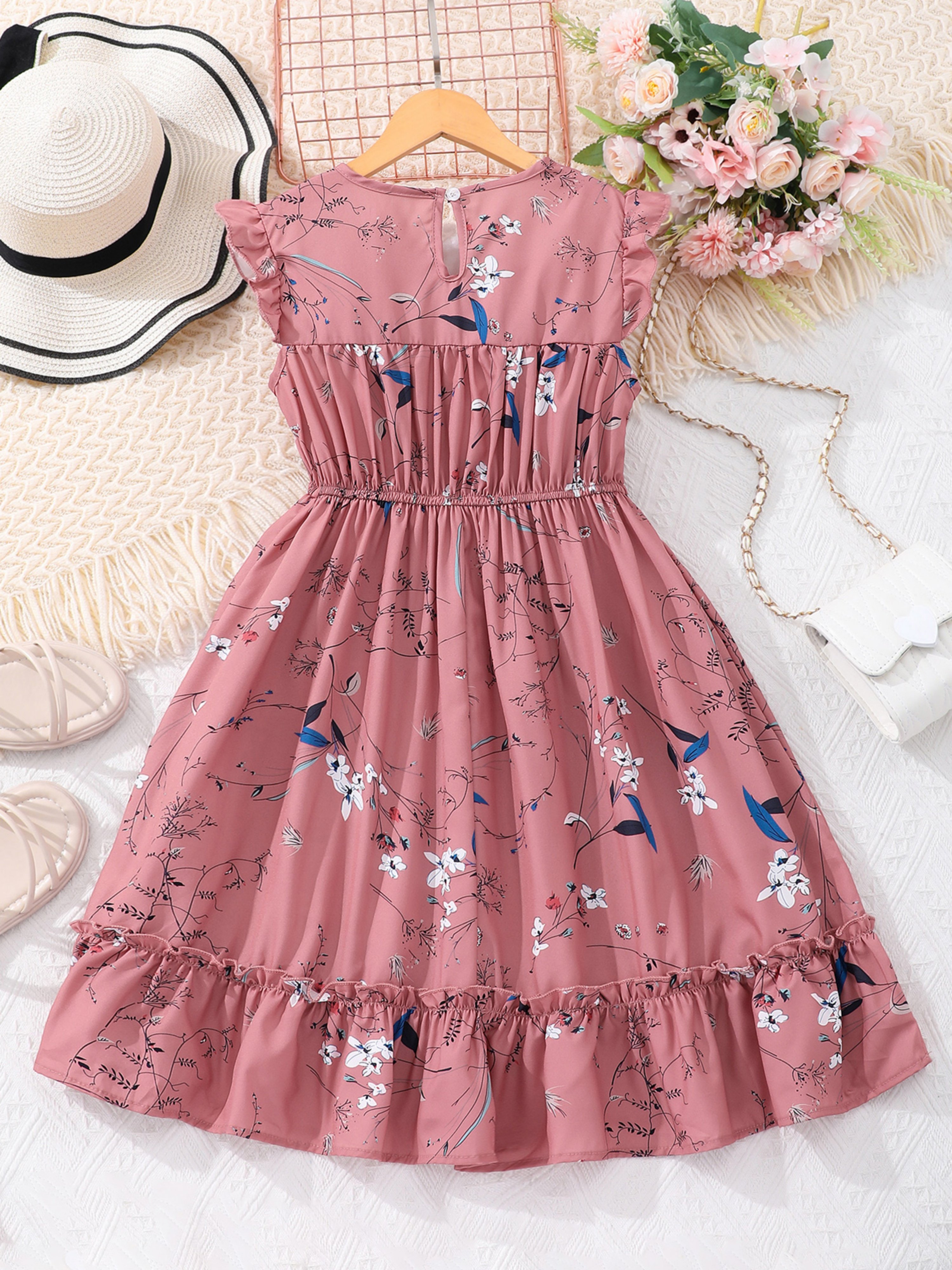 Pink Ruched Elastic Waist Floral Dress