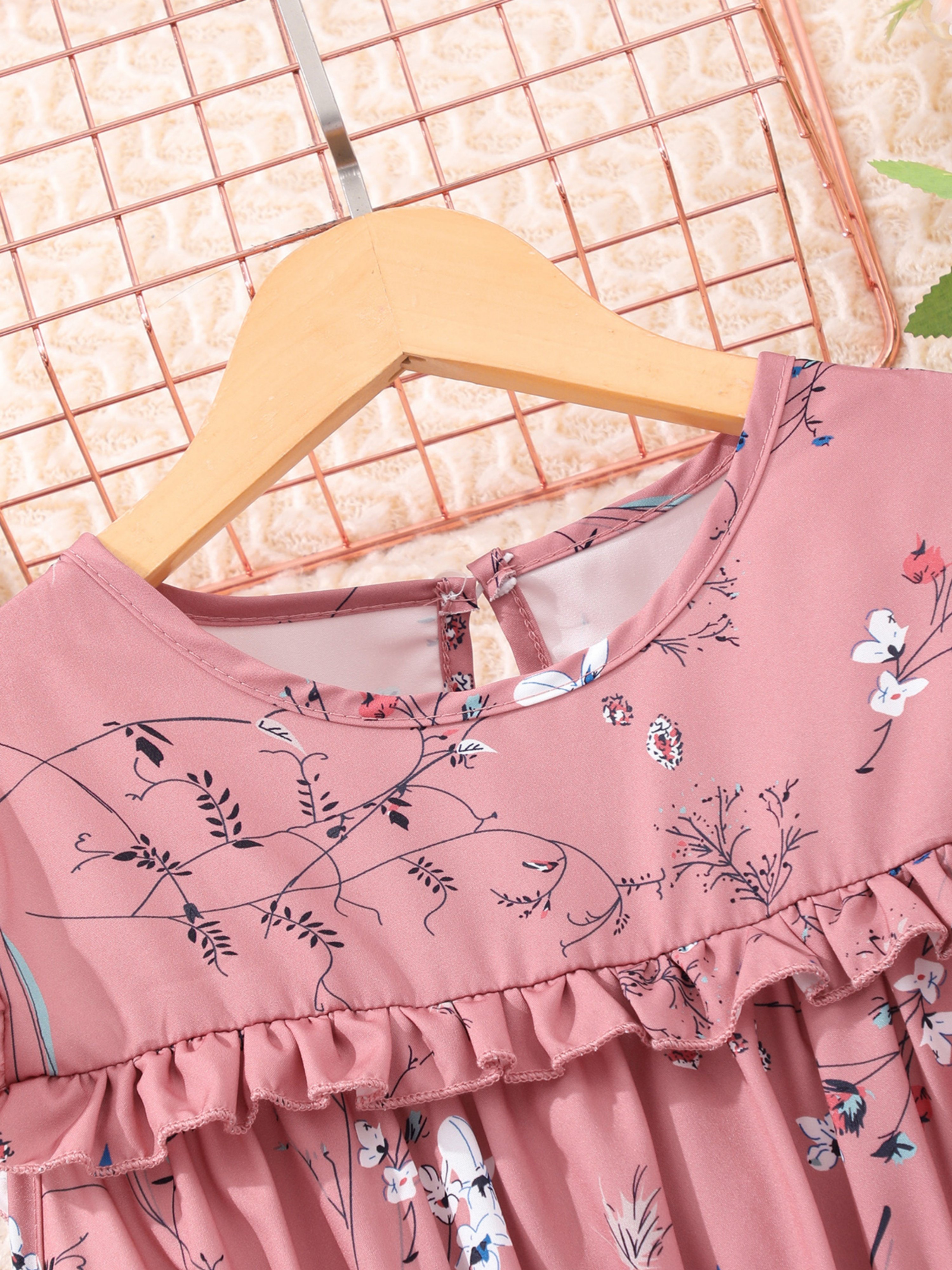 Pink Ruched Elastic Waist Floral Dress