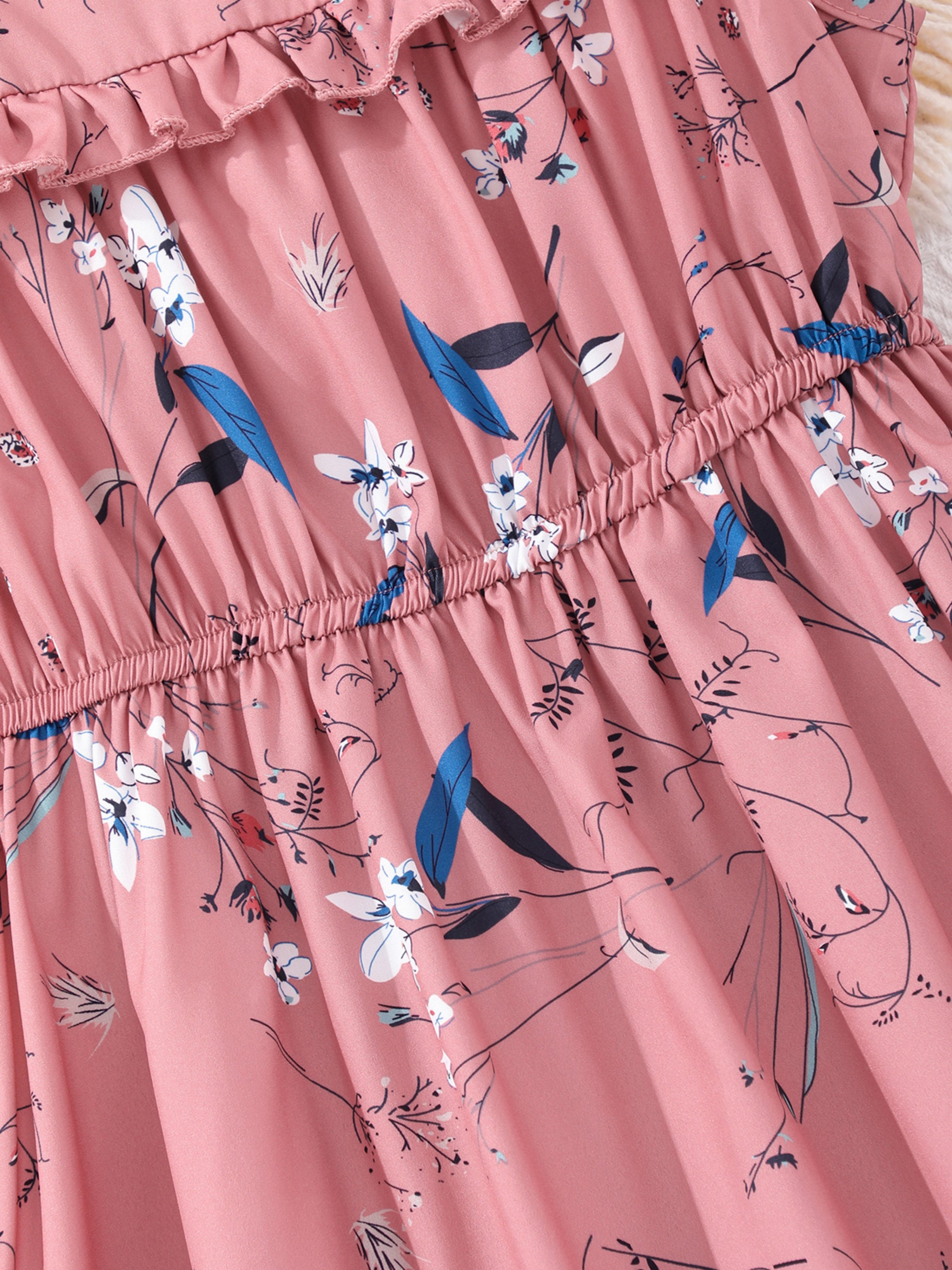 Pink Ruched Elastic Waist Floral Dress