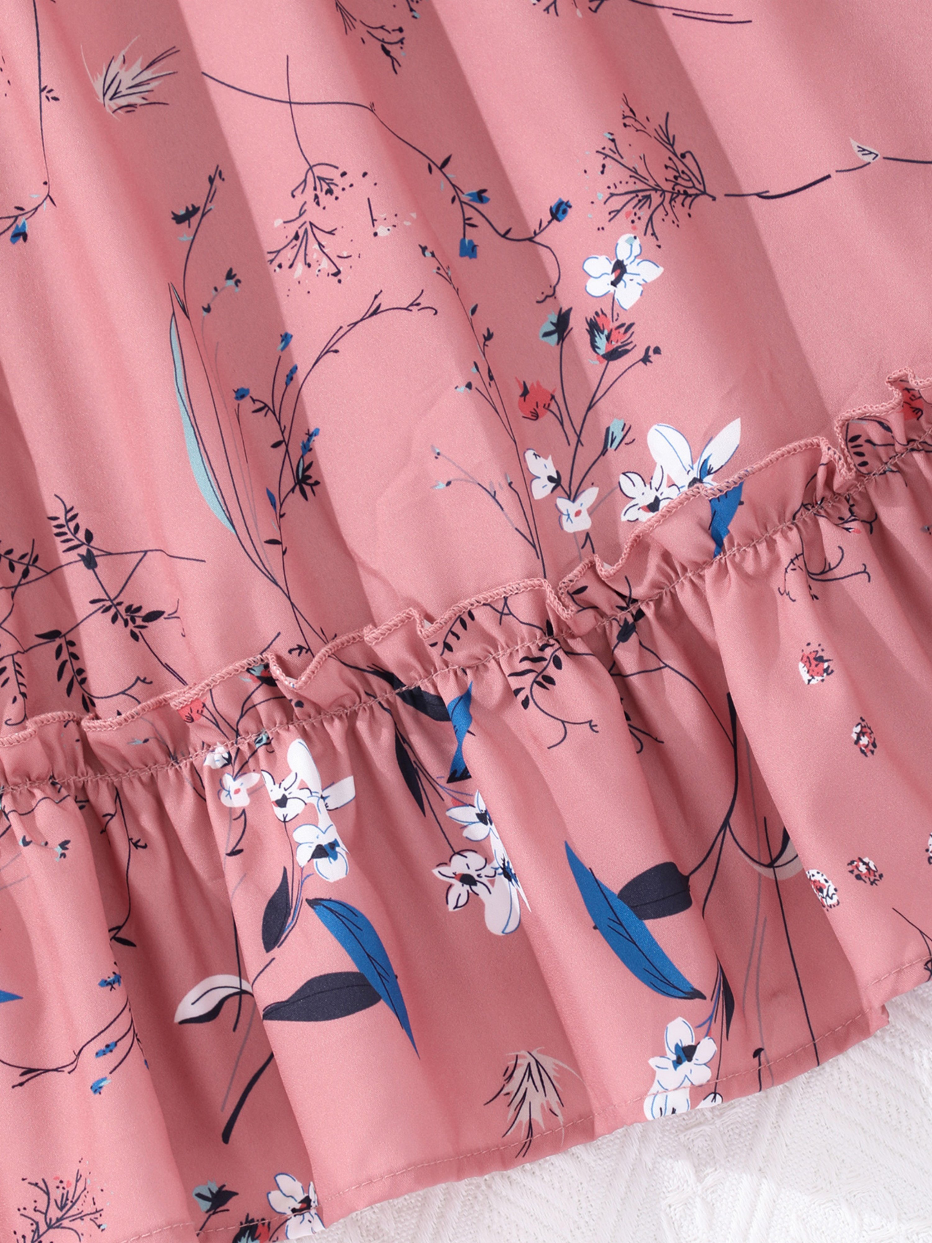 Pink Ruched Elastic Waist Floral Dress