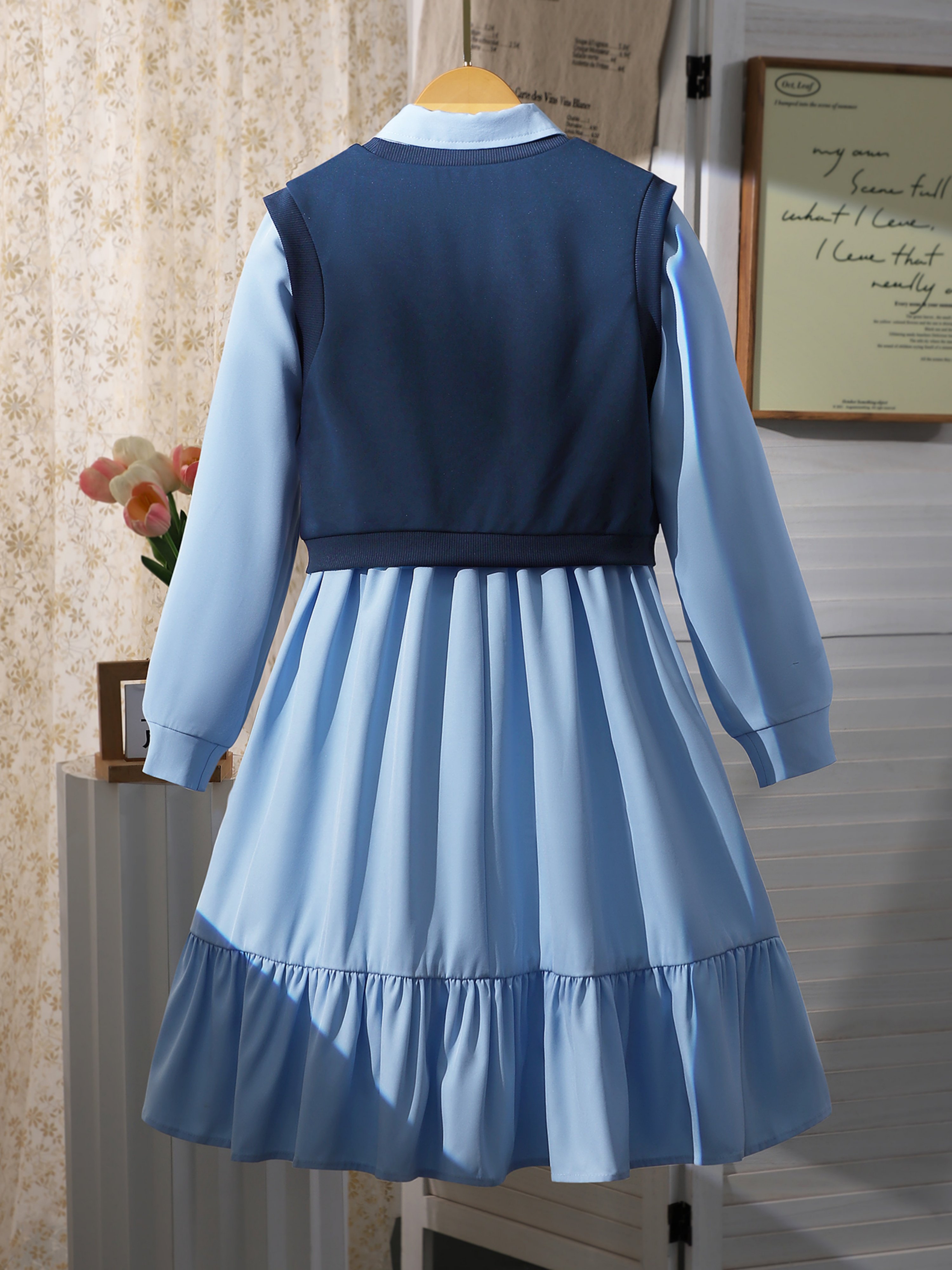 Lapel Long Sleeve Ruffle Dress and Vest Set