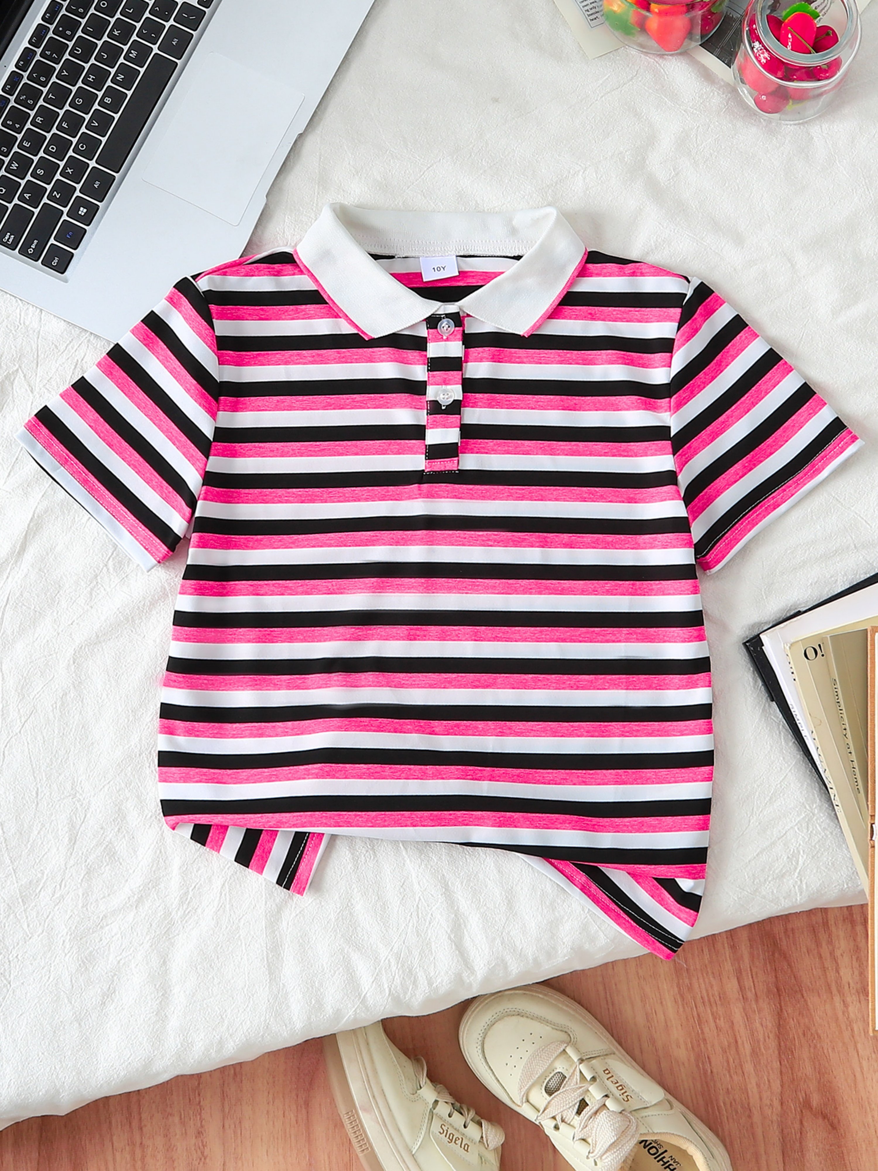 Girls Striped Short Sleeve Polo T-Shirt
