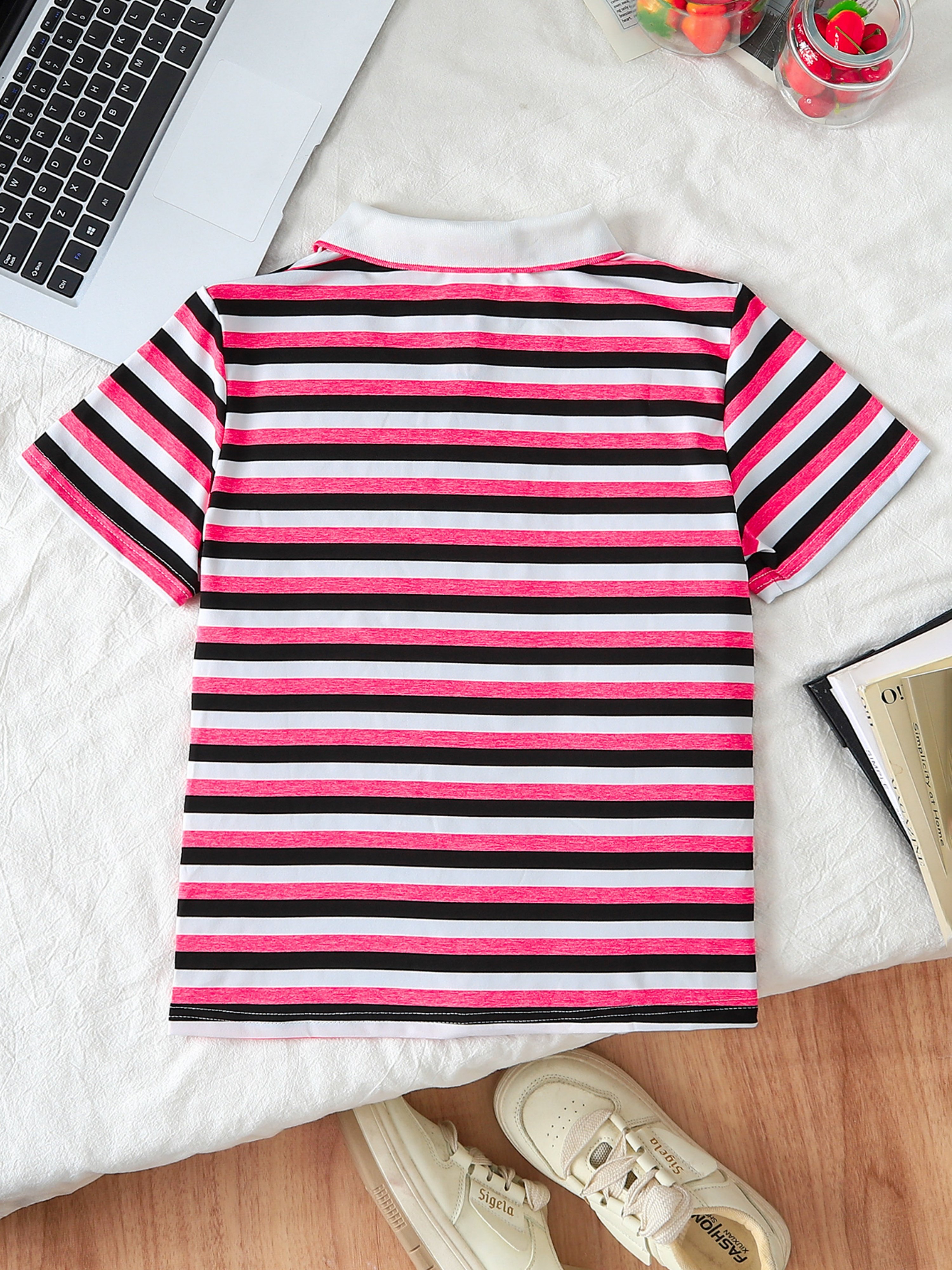 Girls Striped Short Sleeve Polo T-Shirt