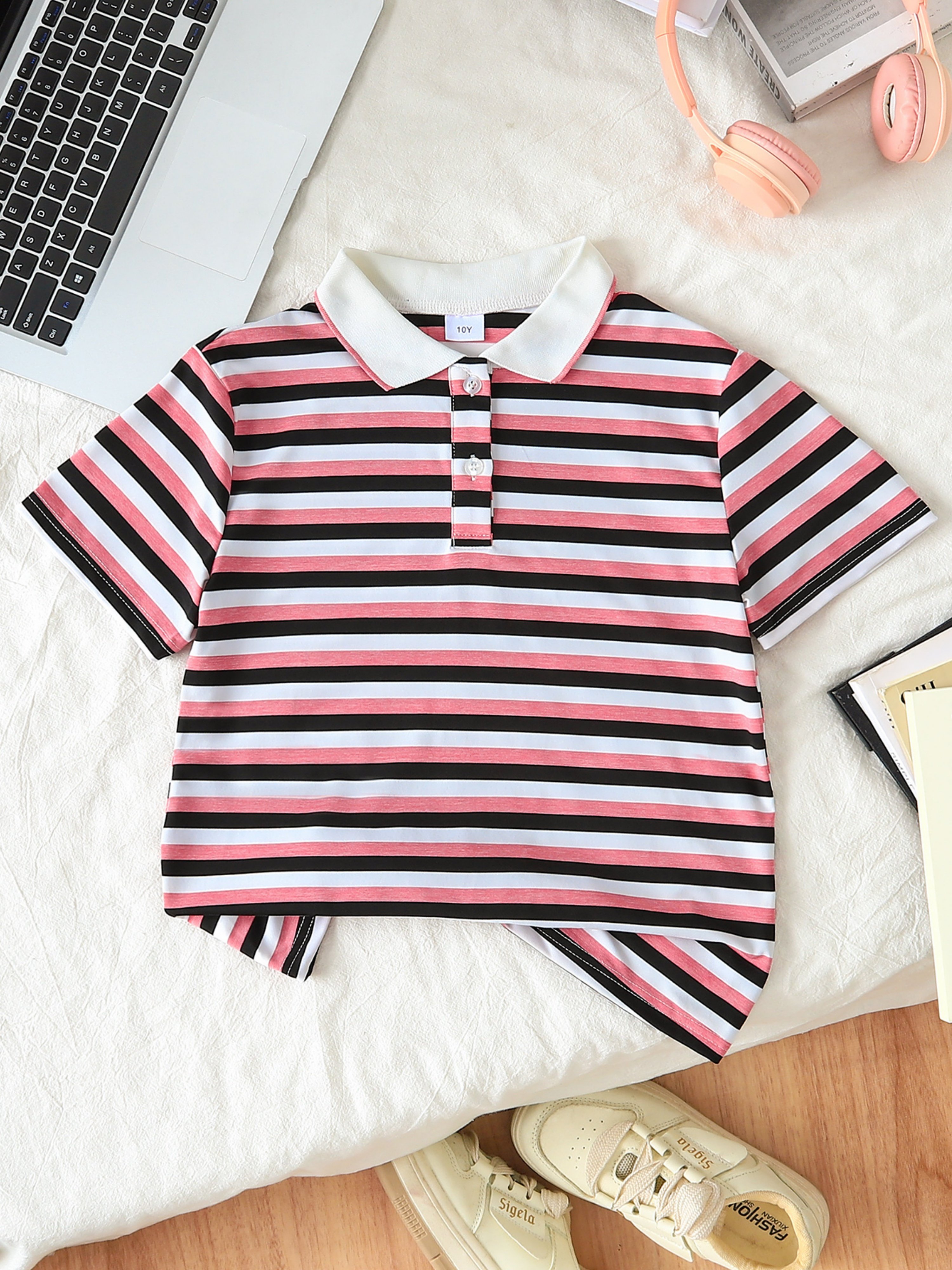 Girls Striped Short Sleeve Polo T-Shirt