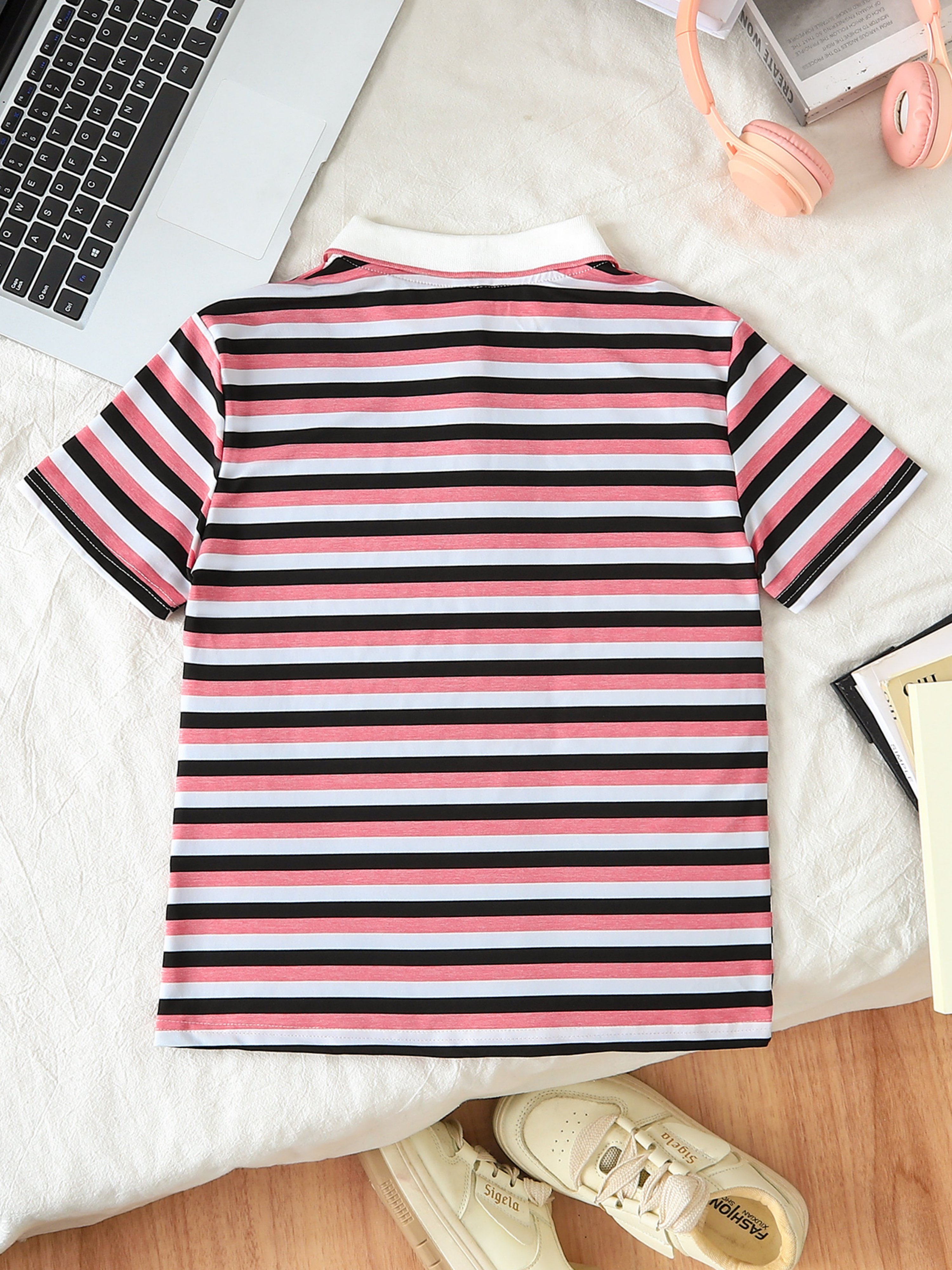 Girls Striped Short Sleeve Polo T-Shirt