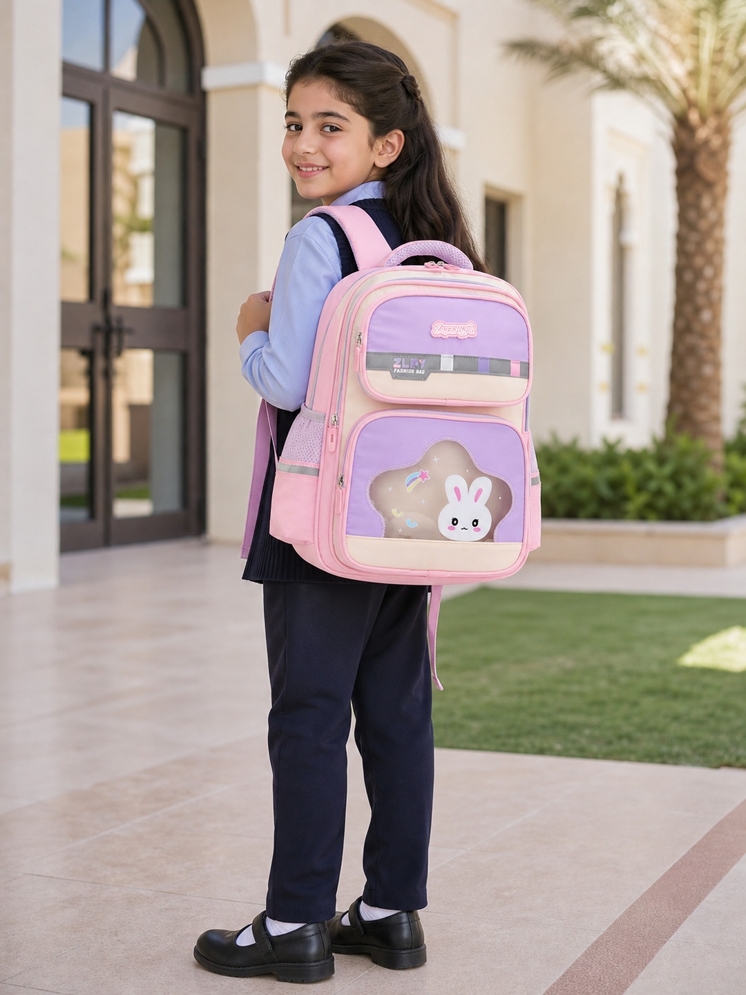 Girls Bunny Print Zip Closure Backpack