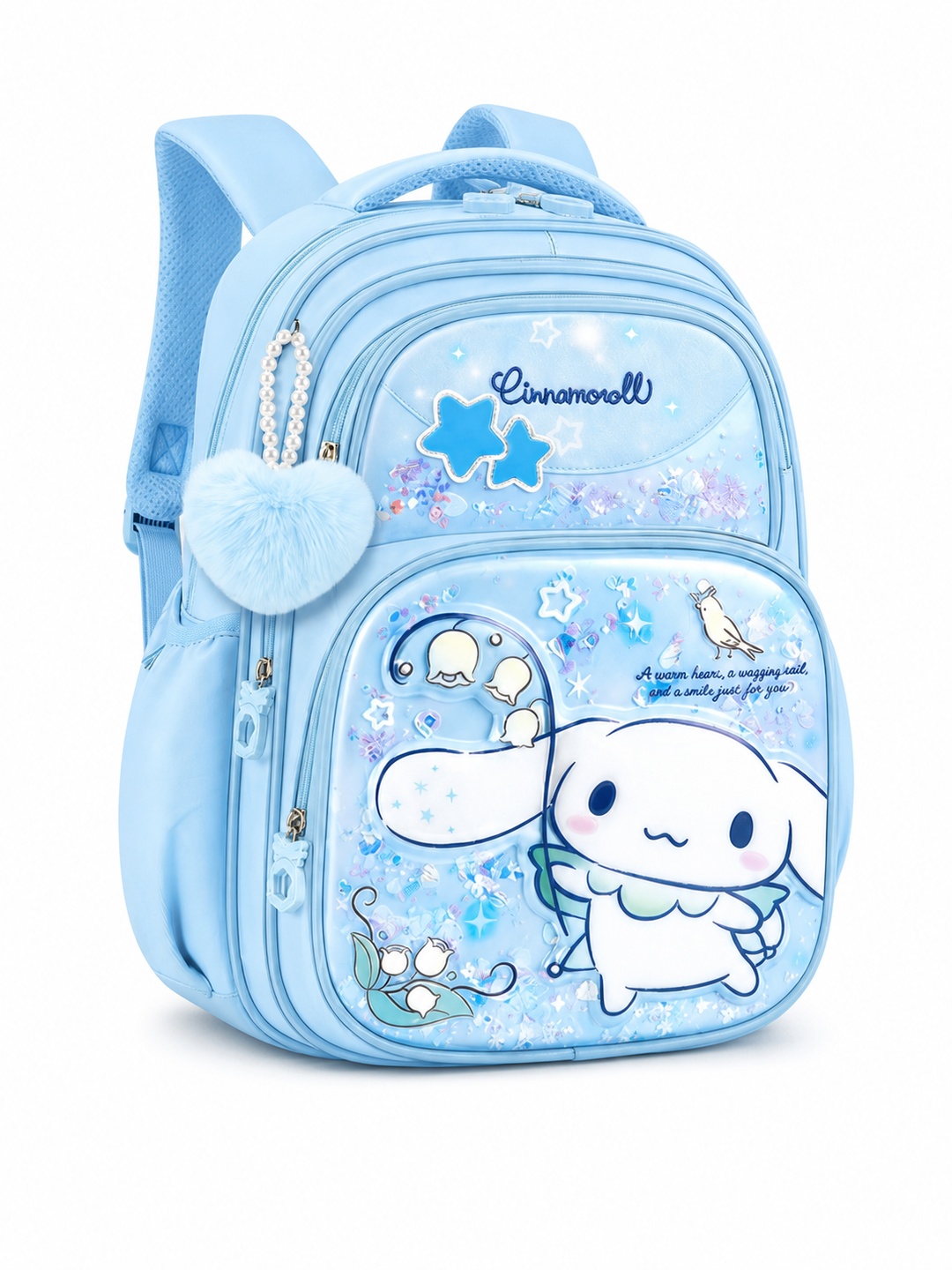 Girls Blue Graphic Print Backpack with Heart Shape Charm