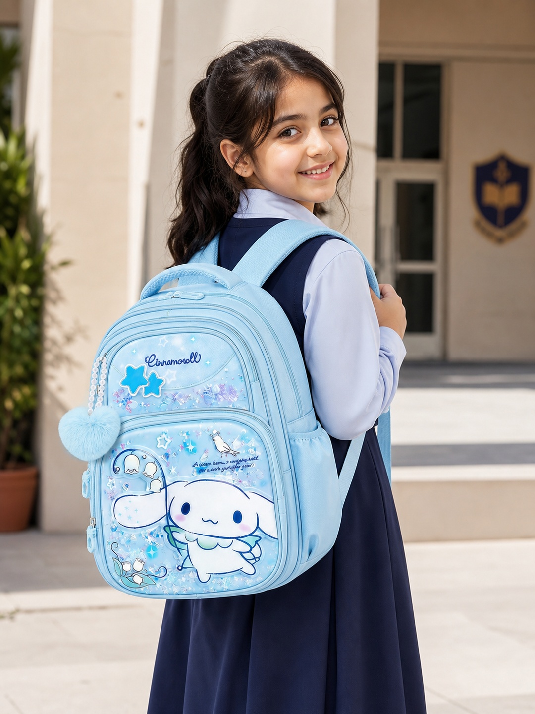 Girls Blue Graphic Print Backpack with Heart Shape Charm