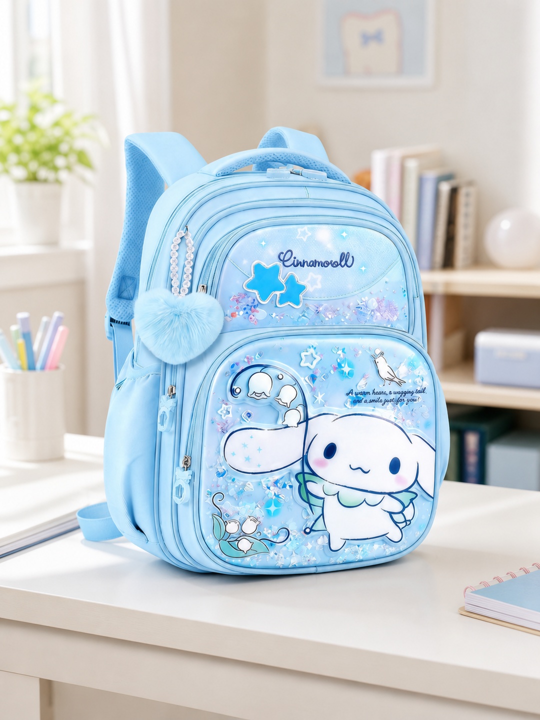 Girls Blue Graphic Print Backpack with Heart Shape Charm