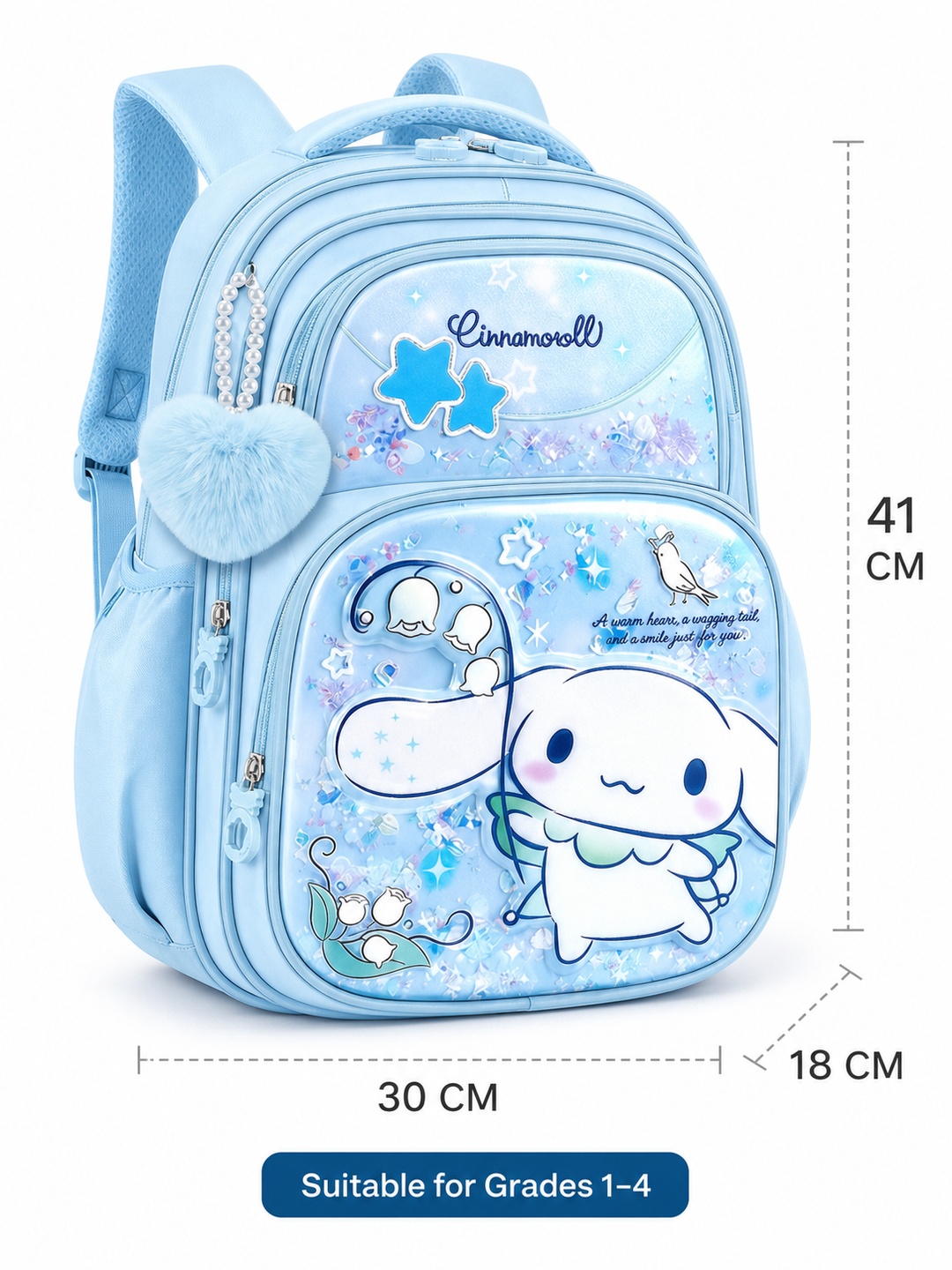 Girls Blue Graphic Print Backpack with Heart Shape Charm