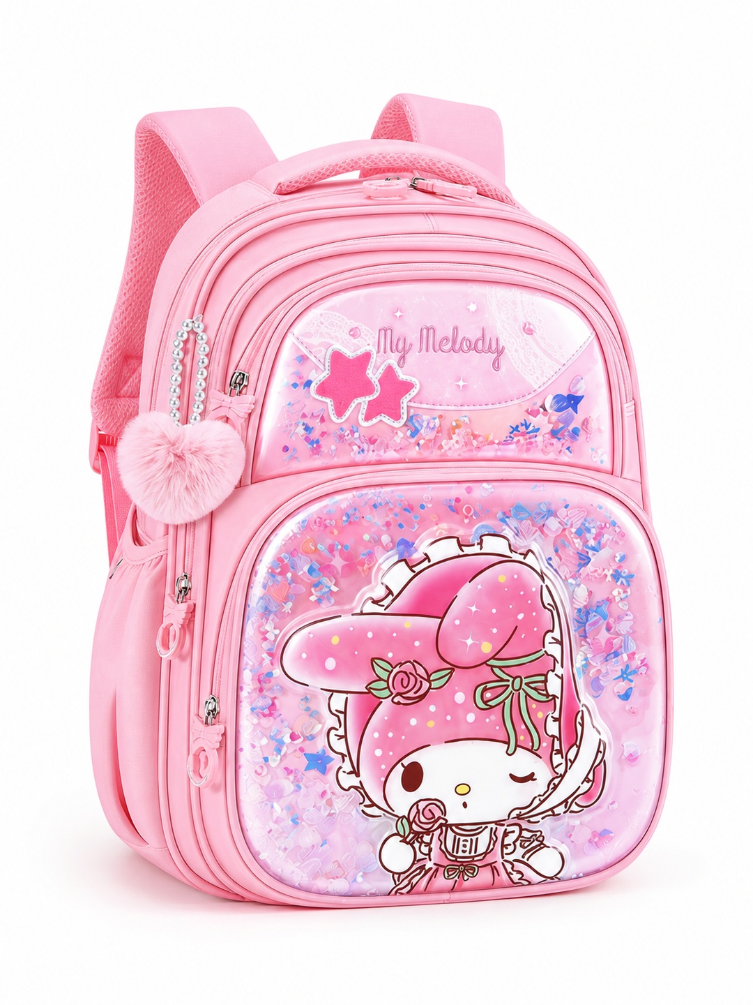 Girls Pink Graphic Print with Heart Charm Backpack