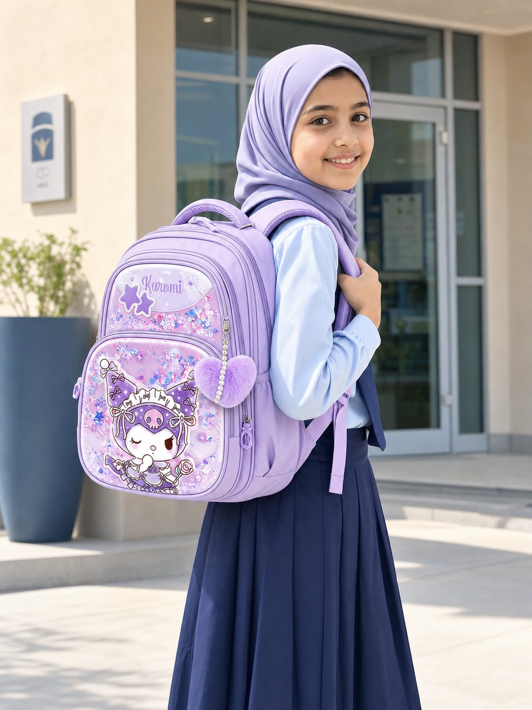 Girls Purple Graphic Pocket Print Backpack - Primary