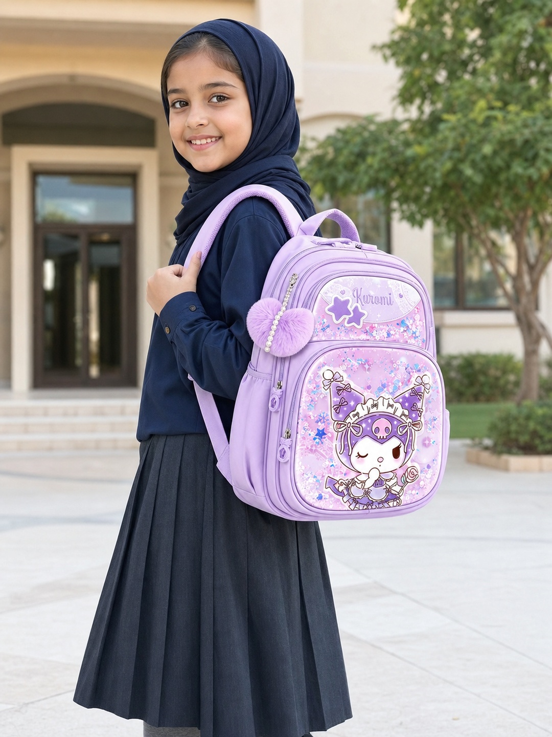 Girls Purple Graphic Pocket Print Backpack - Primary