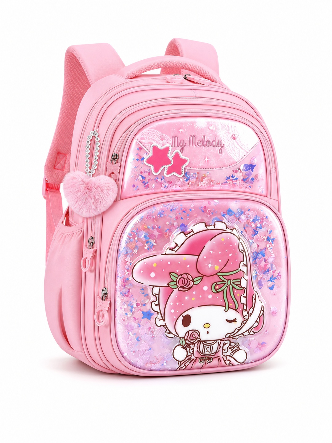 Girls Pink Graphic Print with Heart Charm Backpack