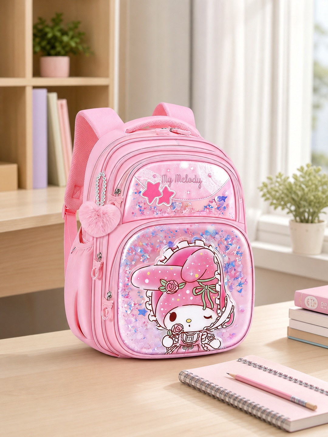 Girls Pink Graphic Print with Heart Charm Backpack