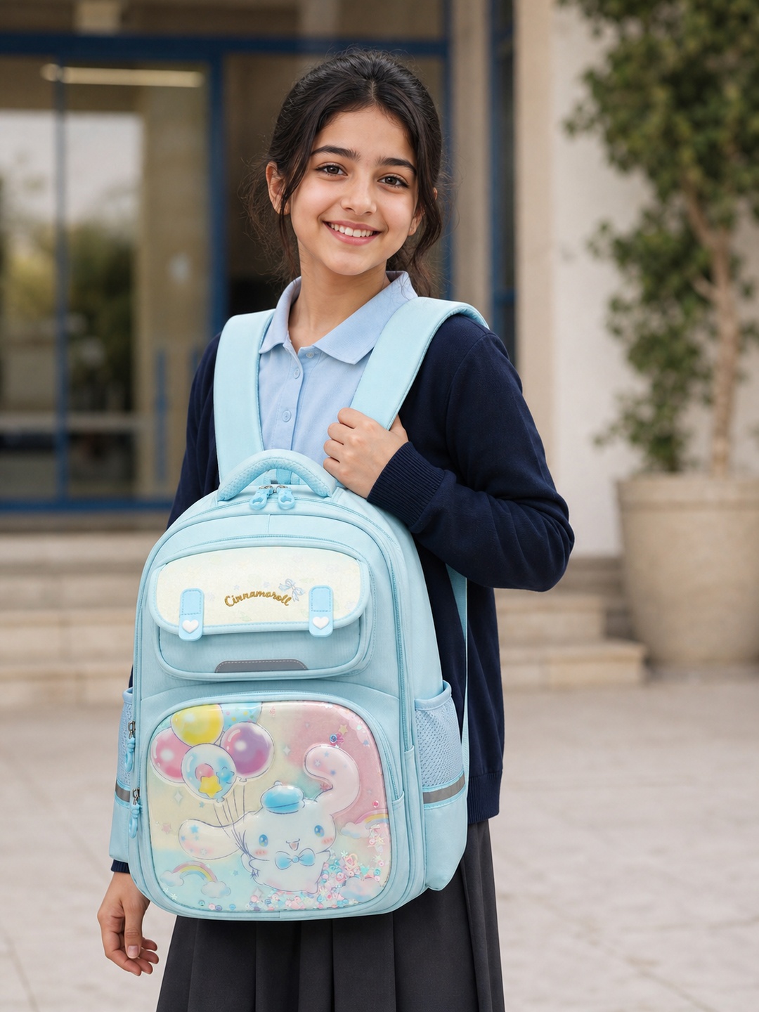 شنطة ظهر بسحاب وطبعة جرافيك للبنات للمرحلة الأساسية باللون الأزرق
