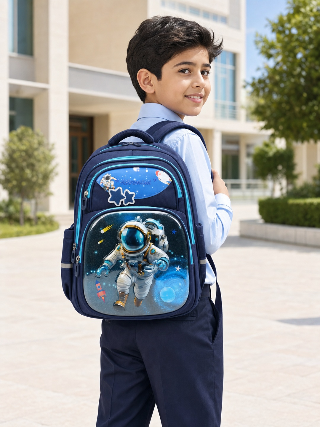 Kids Navy Blue Astronauts Print Zip Backpack - Primary