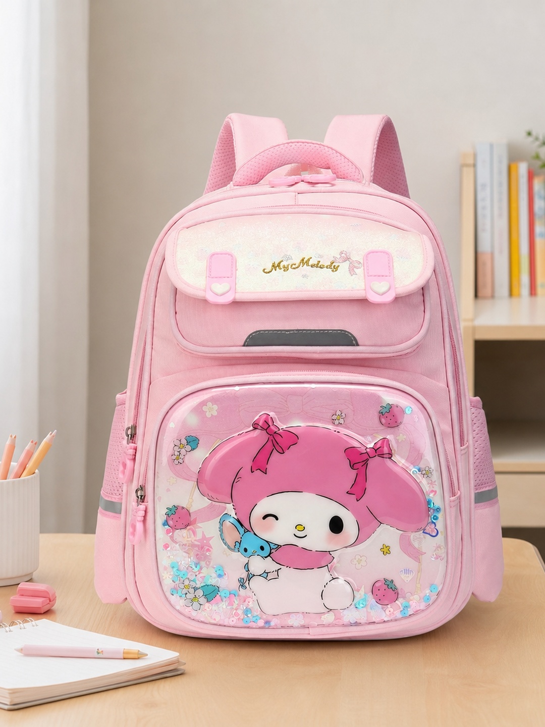Girls Pink Graphic Print Zip Closure Backpack - Elementary