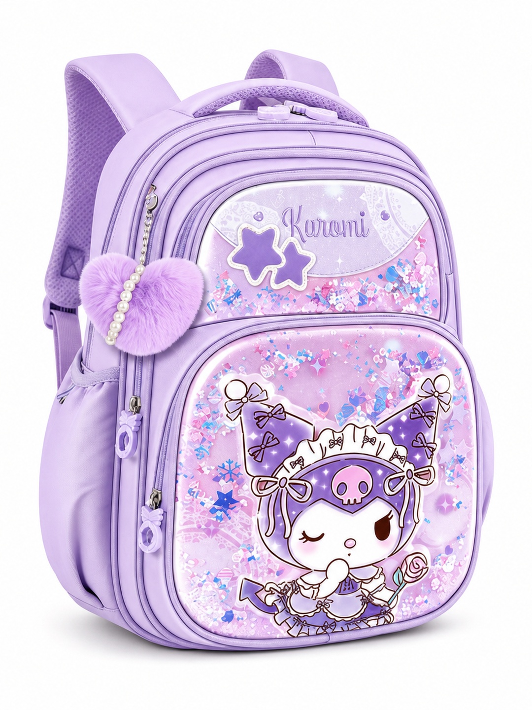 Girls Purple Graphic Print with Heart Charm Backpack