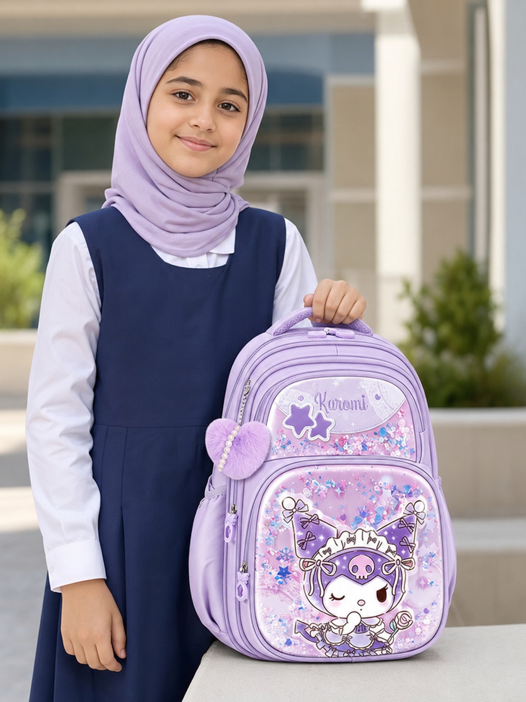Girls Purple Graphic Print with Heart Charm Backpack