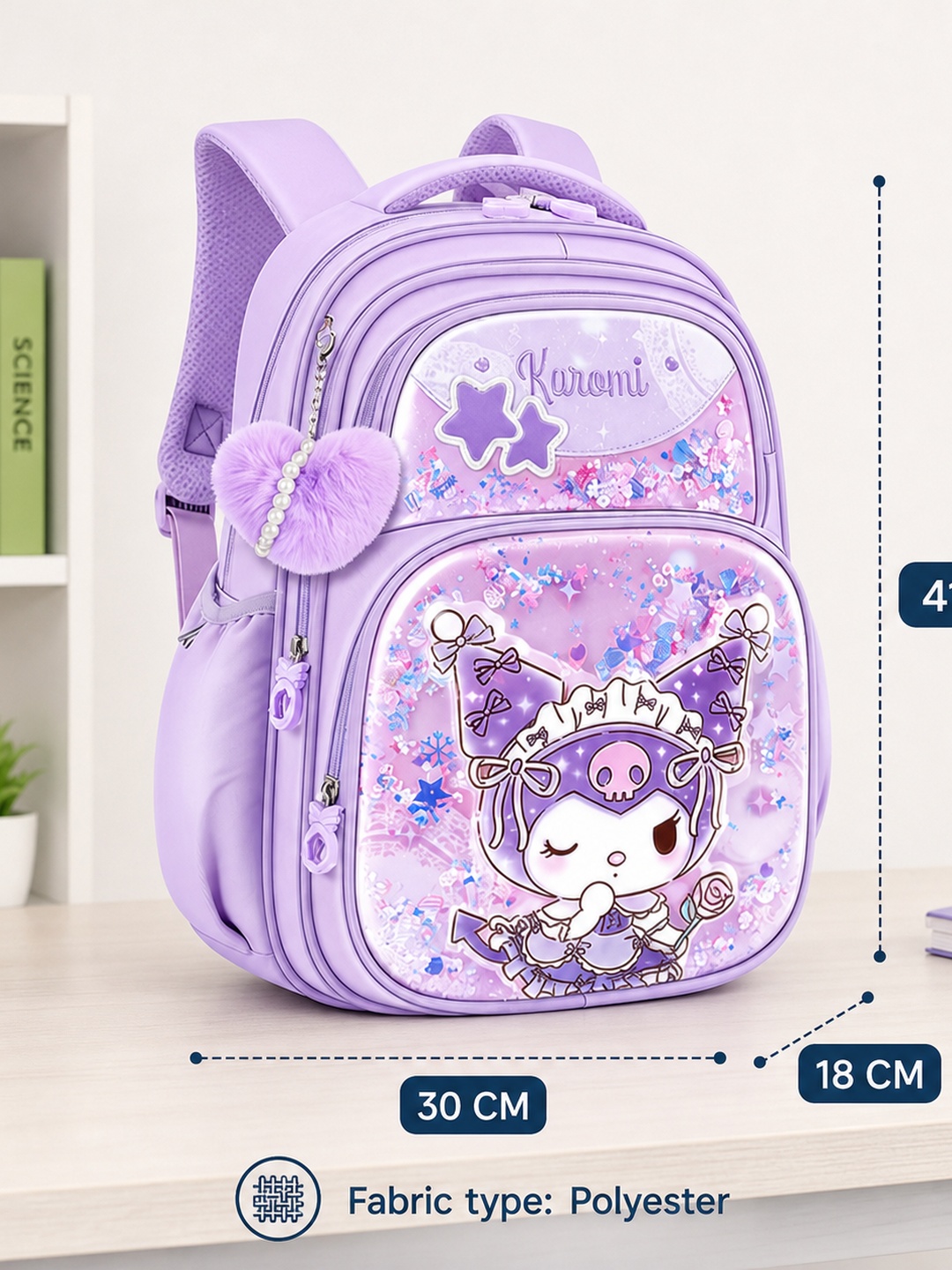 Girls Purple Graphic Print with Heart Charm Backpack