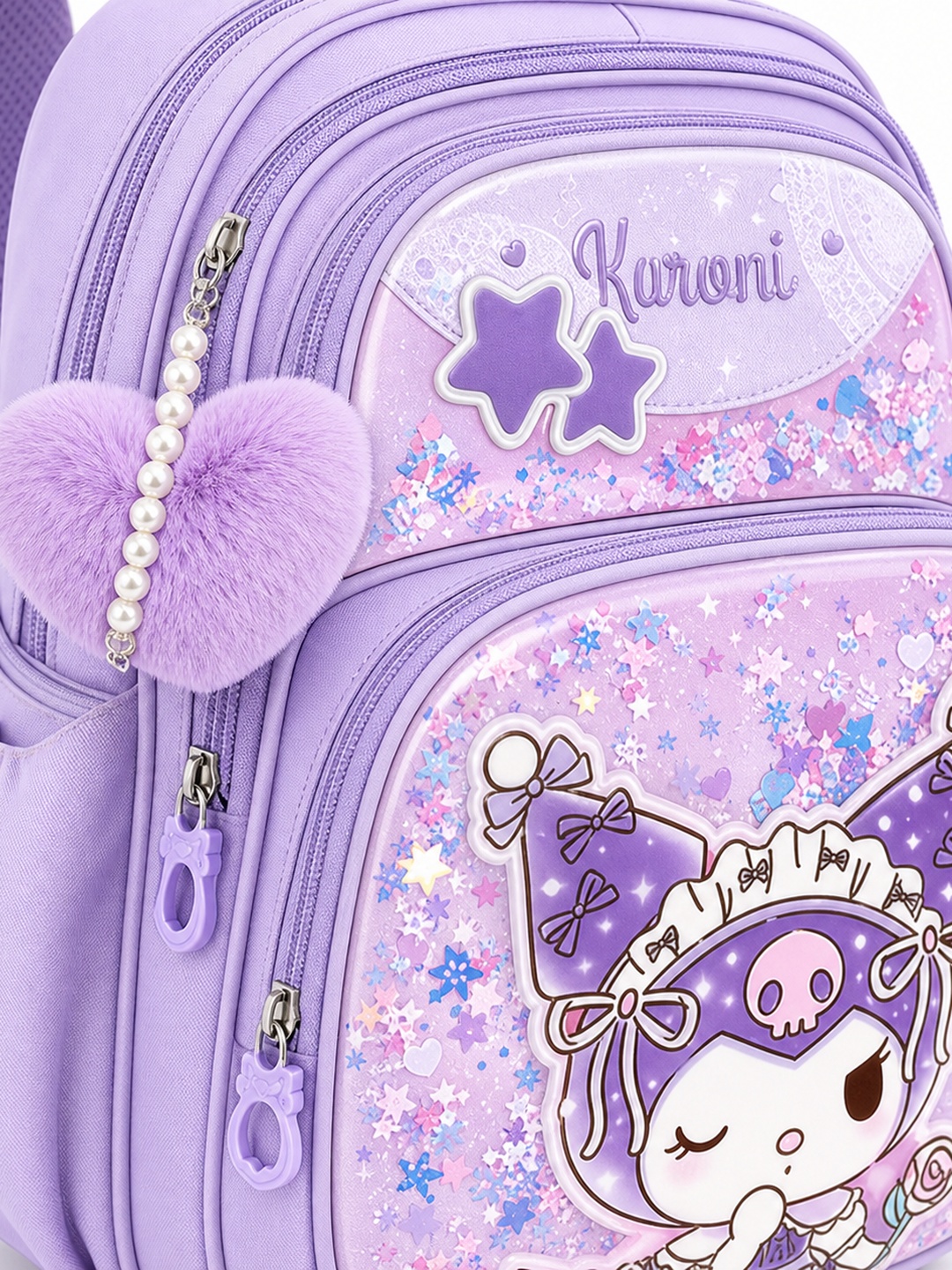 Girls Purple Graphic Print with Heart Charm Backpack