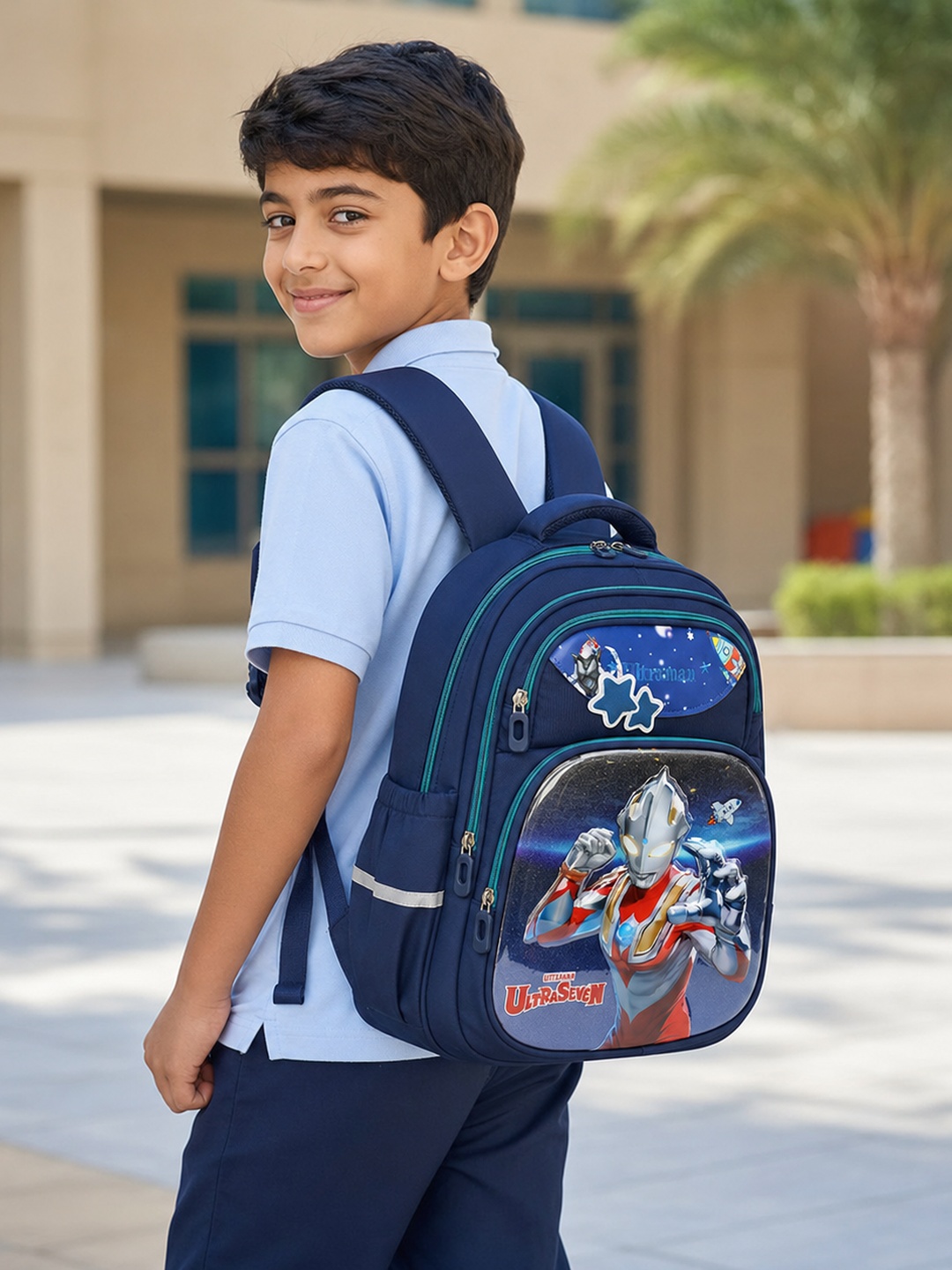 Kids Blue Graphic Print Zip Closure Backpack - Elementary
