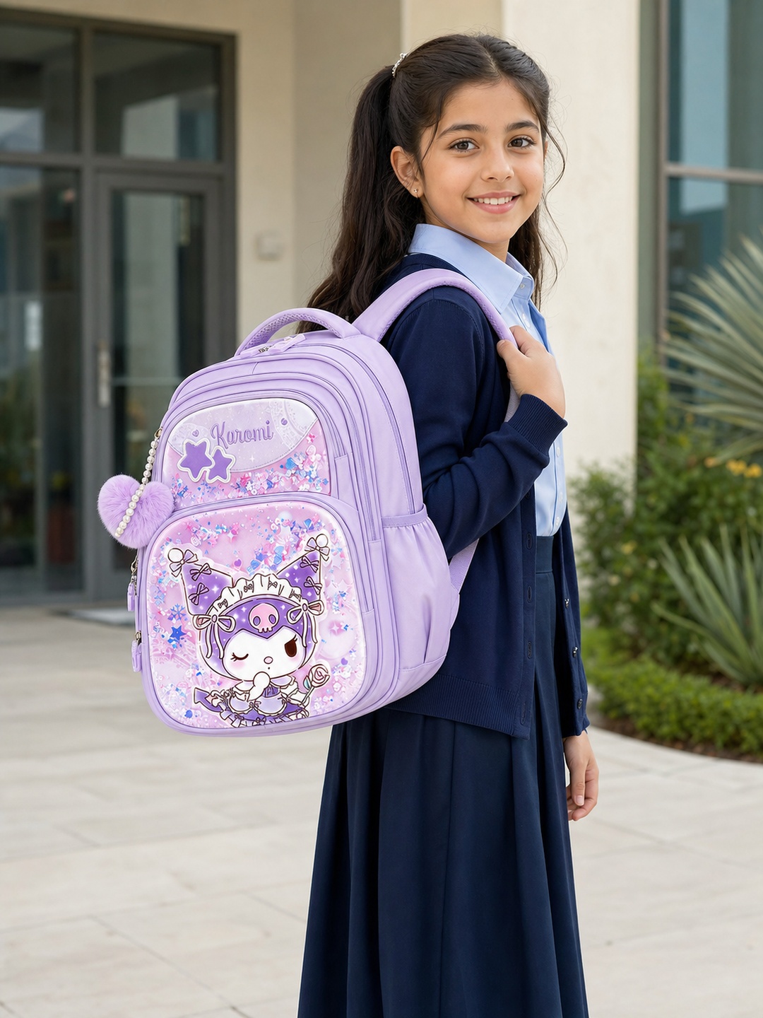 Girls Purple Graphic Pocket Print Backpack - Elementary