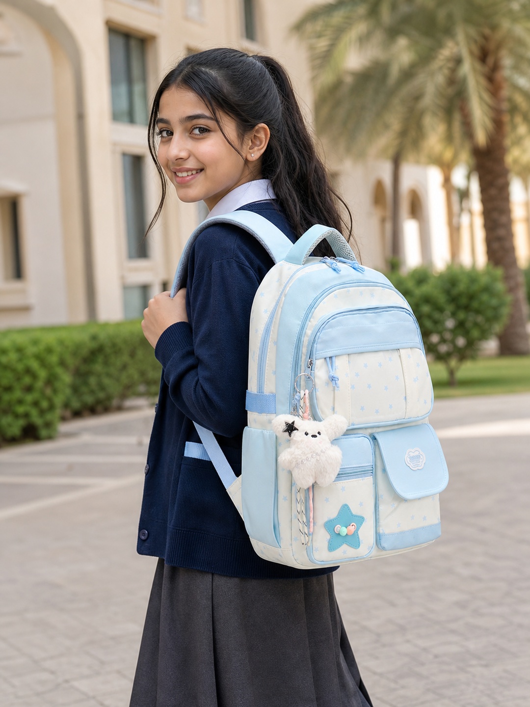 Girls Star Print Backpack with Plush Charm