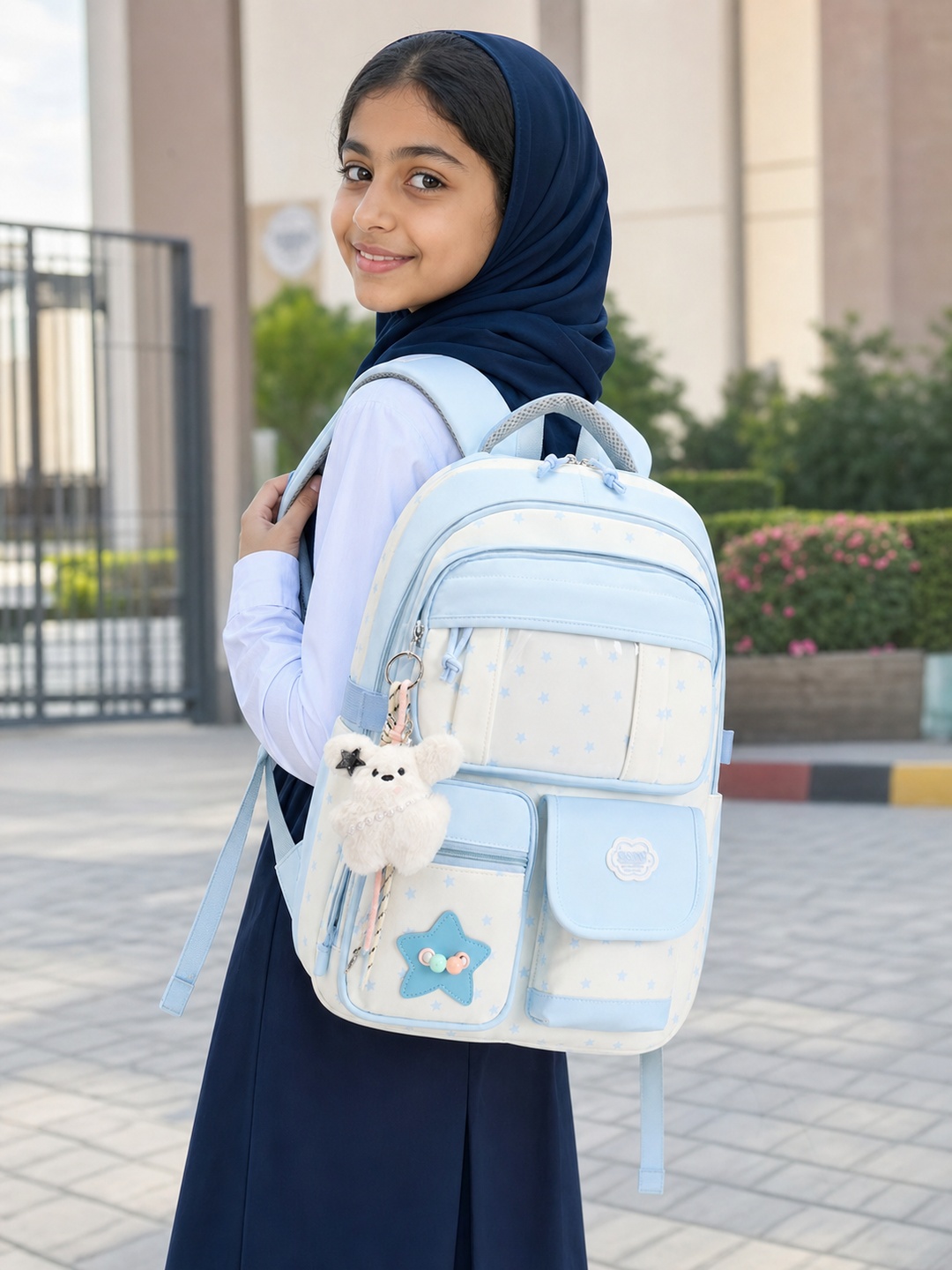 Girls Star Print Backpack with Plush Charm