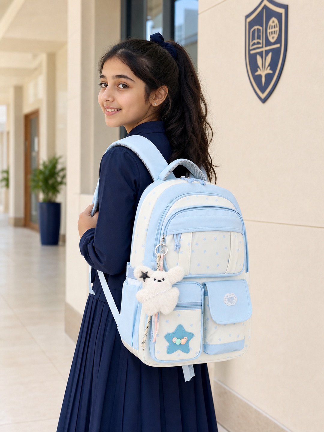 Girls Star Print Backpack with Plush Charm
