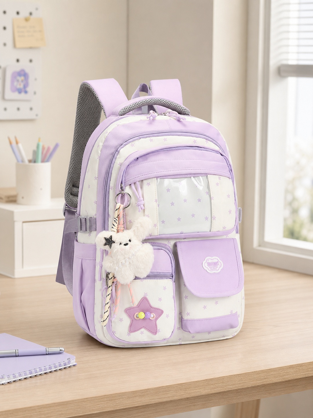 Girls Star Print Backpack with Plush Charm