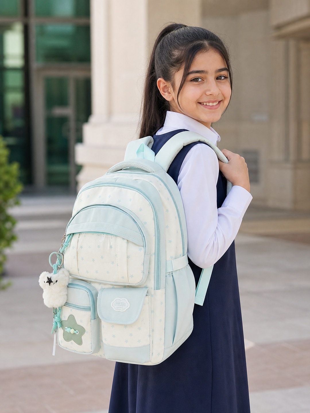 Girls Star Print Backpack with Plush Charm