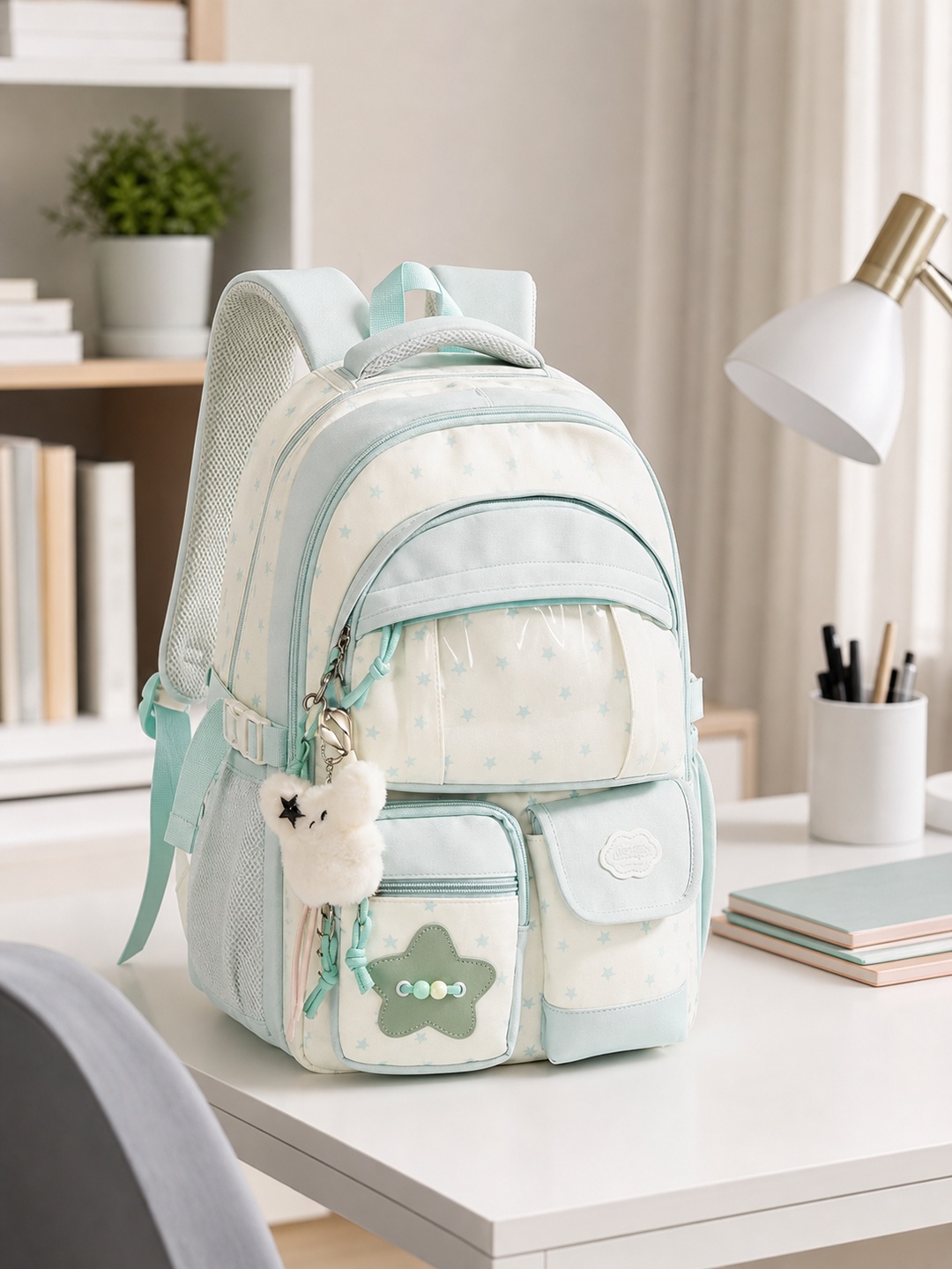 Girls Star Print Backpack with Plush Charm