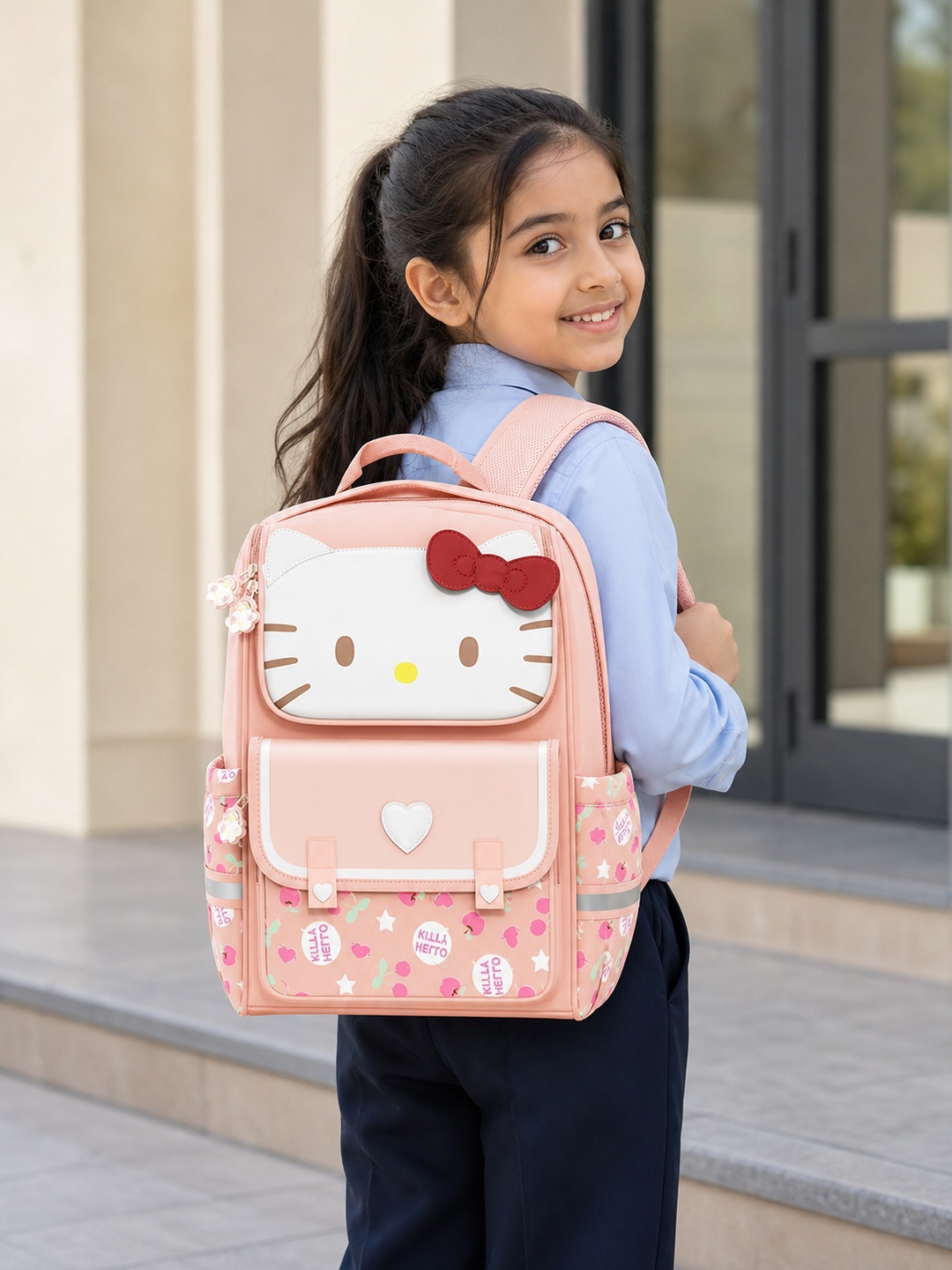 Girls Peach Graphic Print Zip Closure Backpack