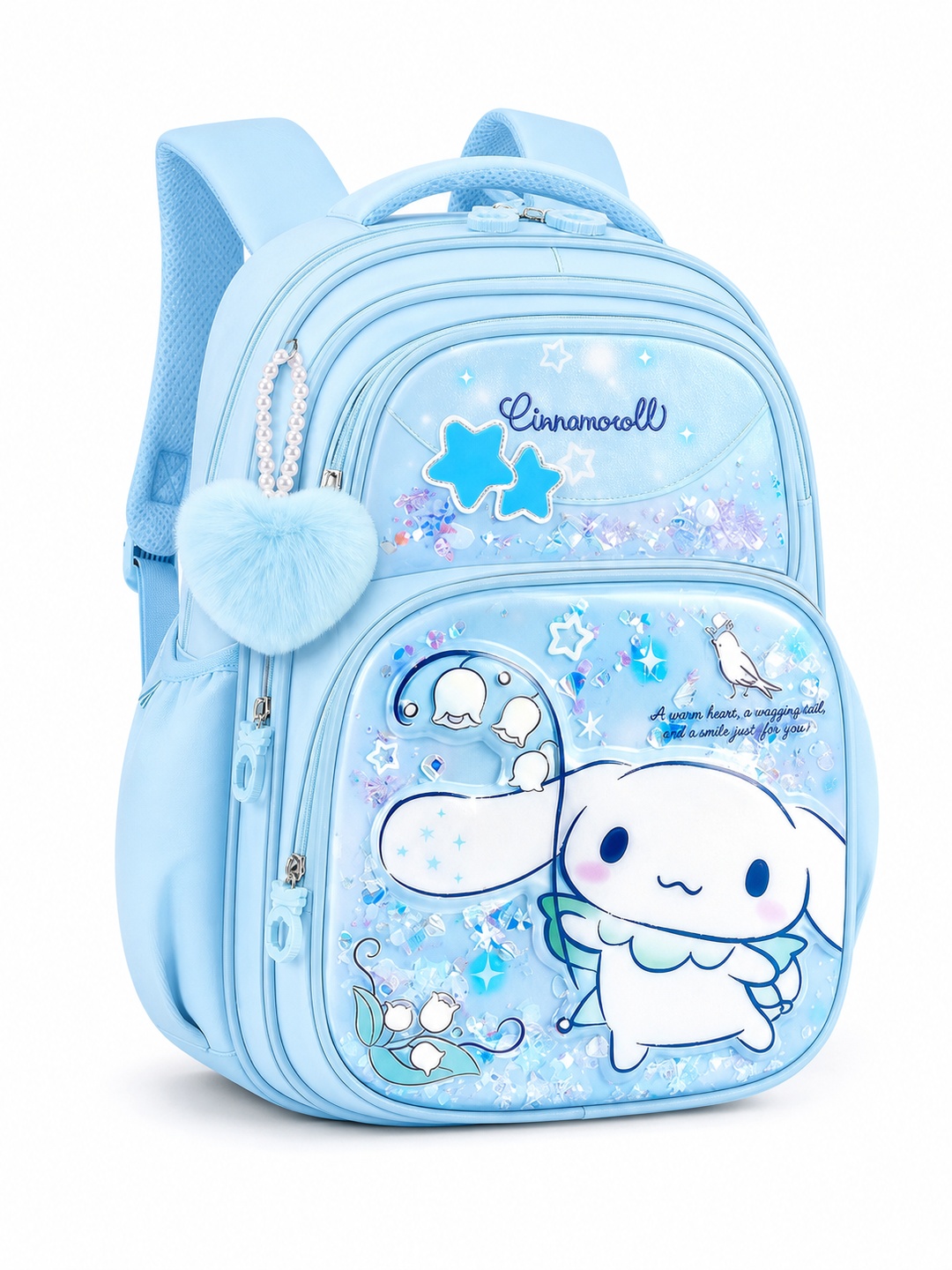Girls Graphic Backpack with Heart Plush Charm