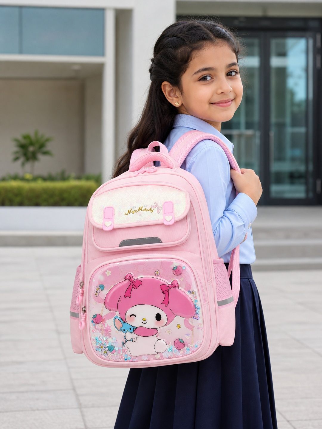 Girls Pink Graphic Print Zip Closure Backpack - Primary
