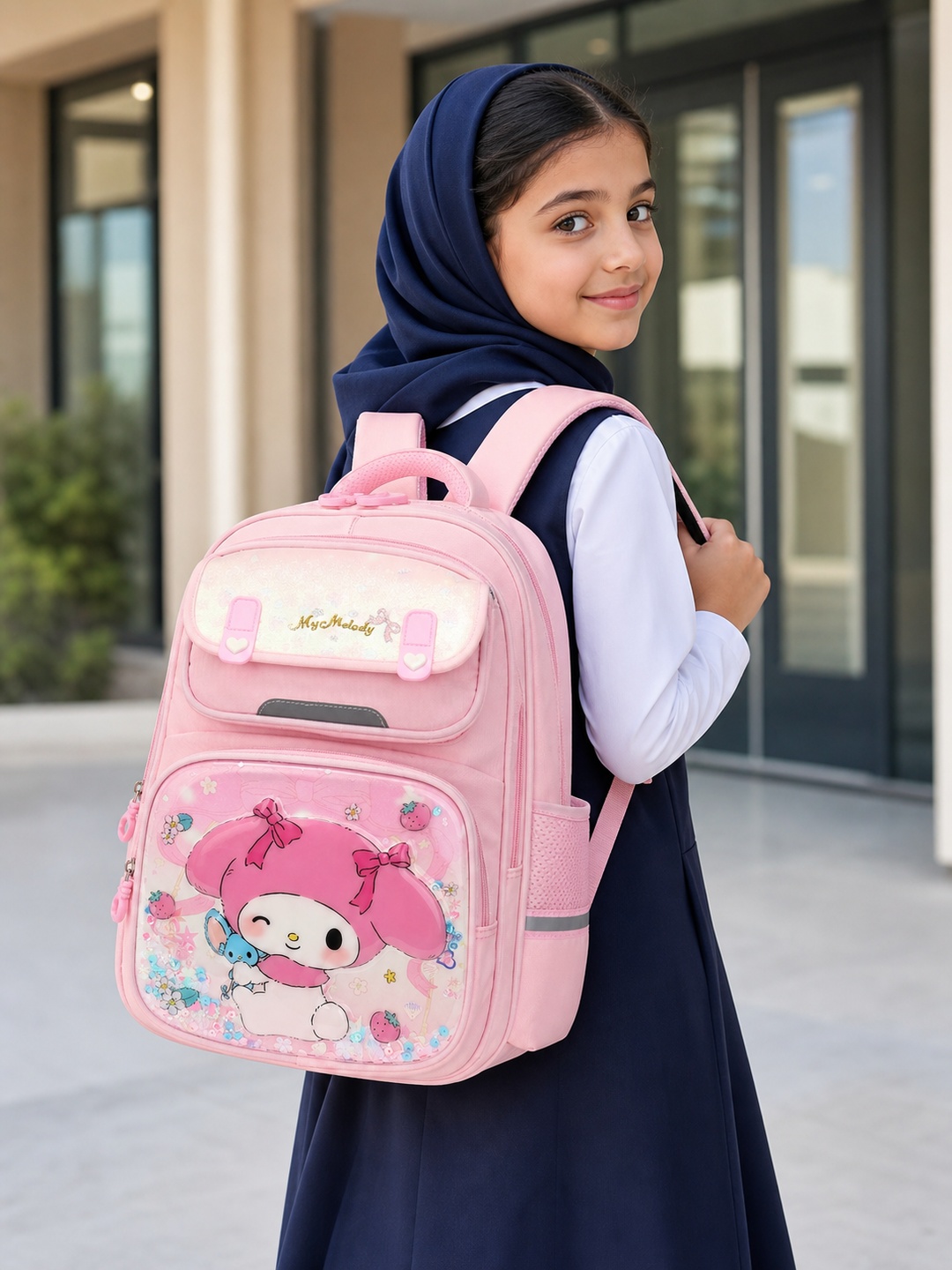Girls Pink Graphic Print Zip Closure Backpack - Primary